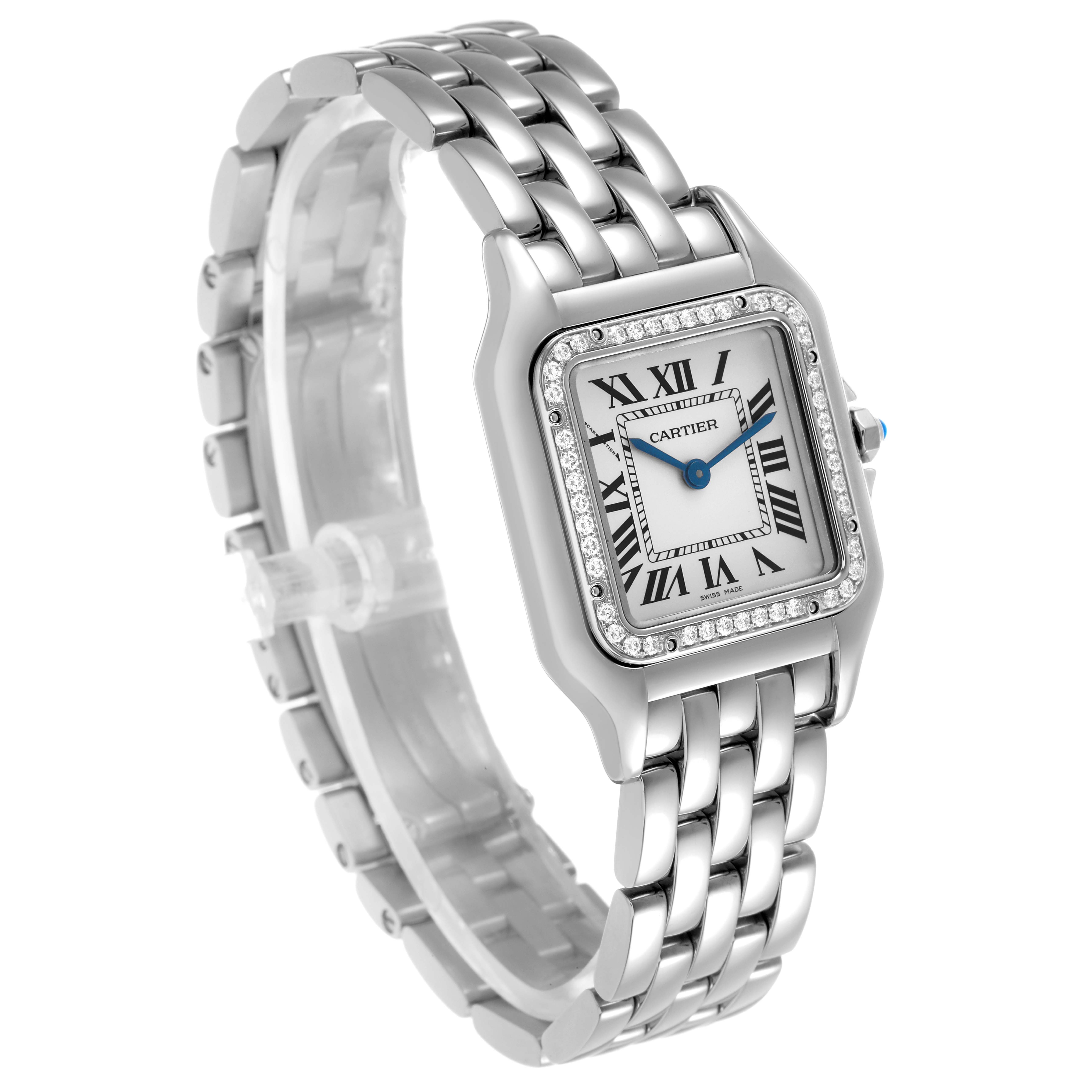 The Cartier Panthere W4PN0008 Women's Stainless Steel Silver Dial watch is shown in a three-quarter view, displaying the bracelet, square face, and blue hands.