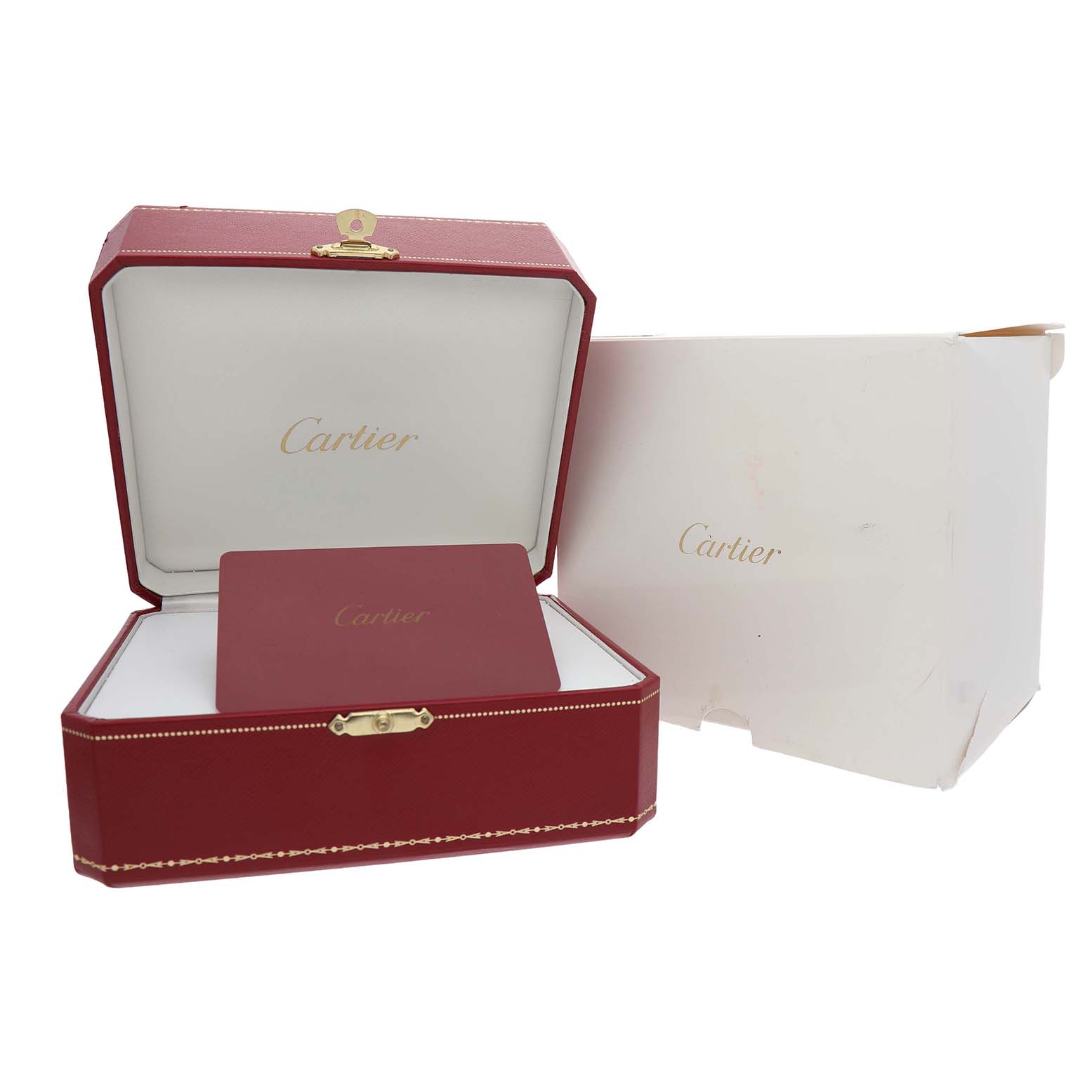 The image shows a Cartier Panthere W4PN0008 Women's Stainless Steel Silver Dial watch box, warranty card, and outer packaging at a slight angle, highlighting the brand's logo.
