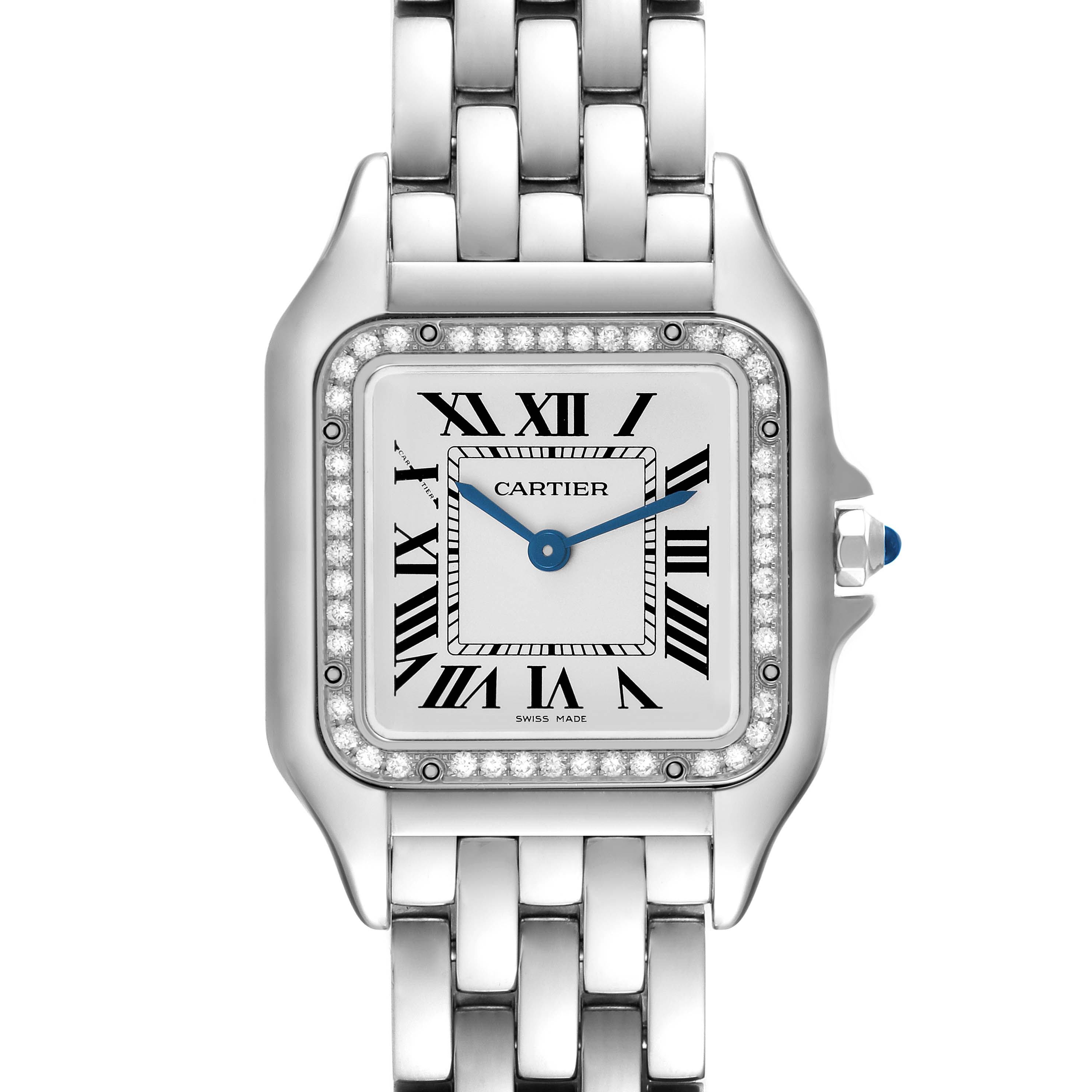 The Cartier Panthère watch is shown from a top view, highlighting the face, Roman numerals, bezel with diamonds, bracelet, and crown.