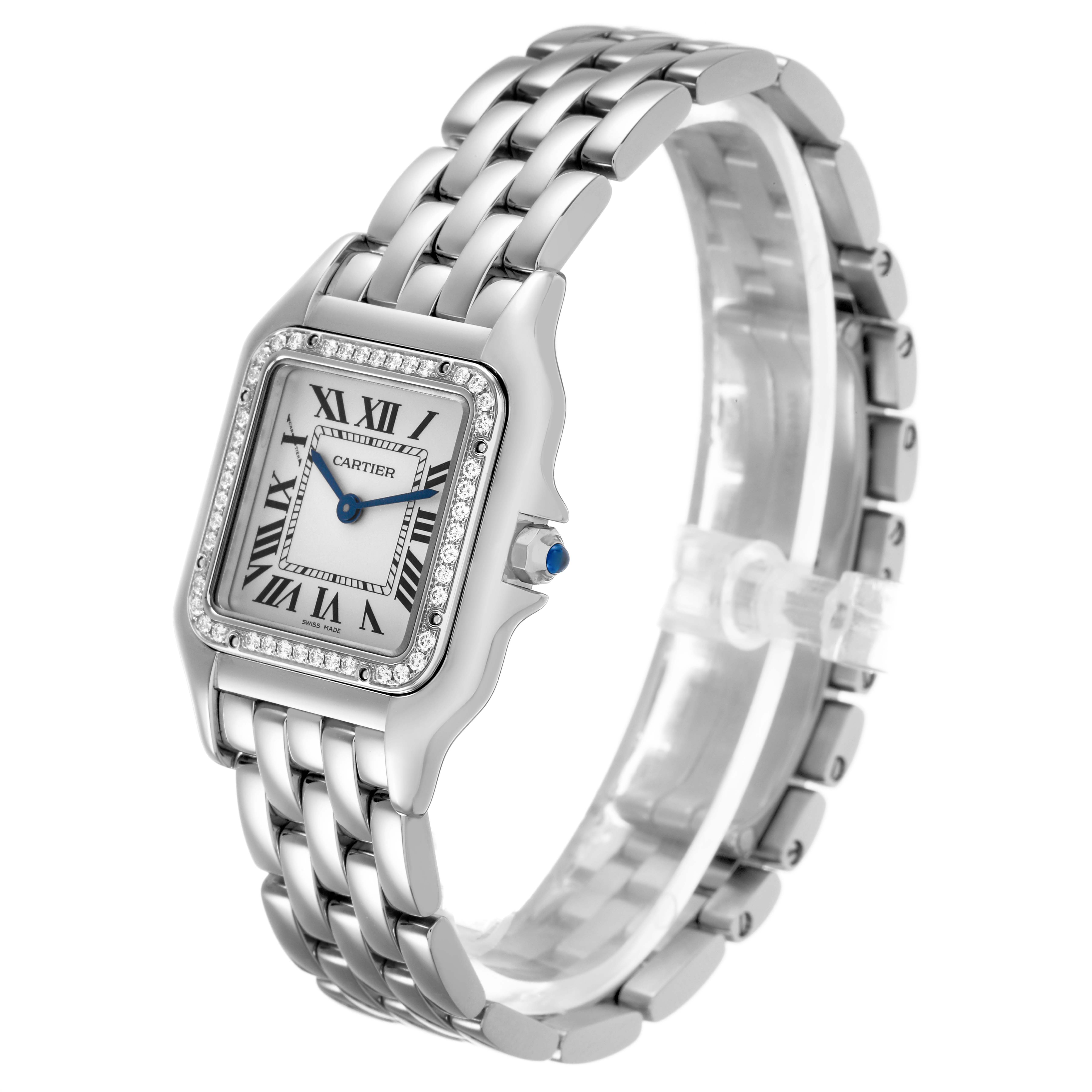 The Cartier Panthere W4PN0008 Women's Stainless Steel Silver Dial watch is shown at a three-quarter angle, highlighting its face, bezel, bracelet, and crown.