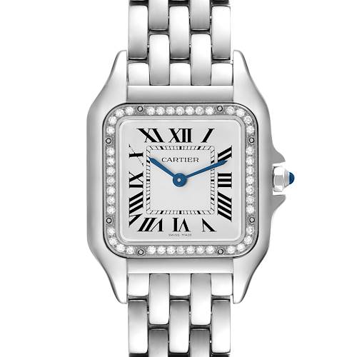 The Cartier Panthere W4PN0008 Women's Stainless Steel Silver Dial watch is shown from the front, highlighting the face, bezel, and metal bracelet.