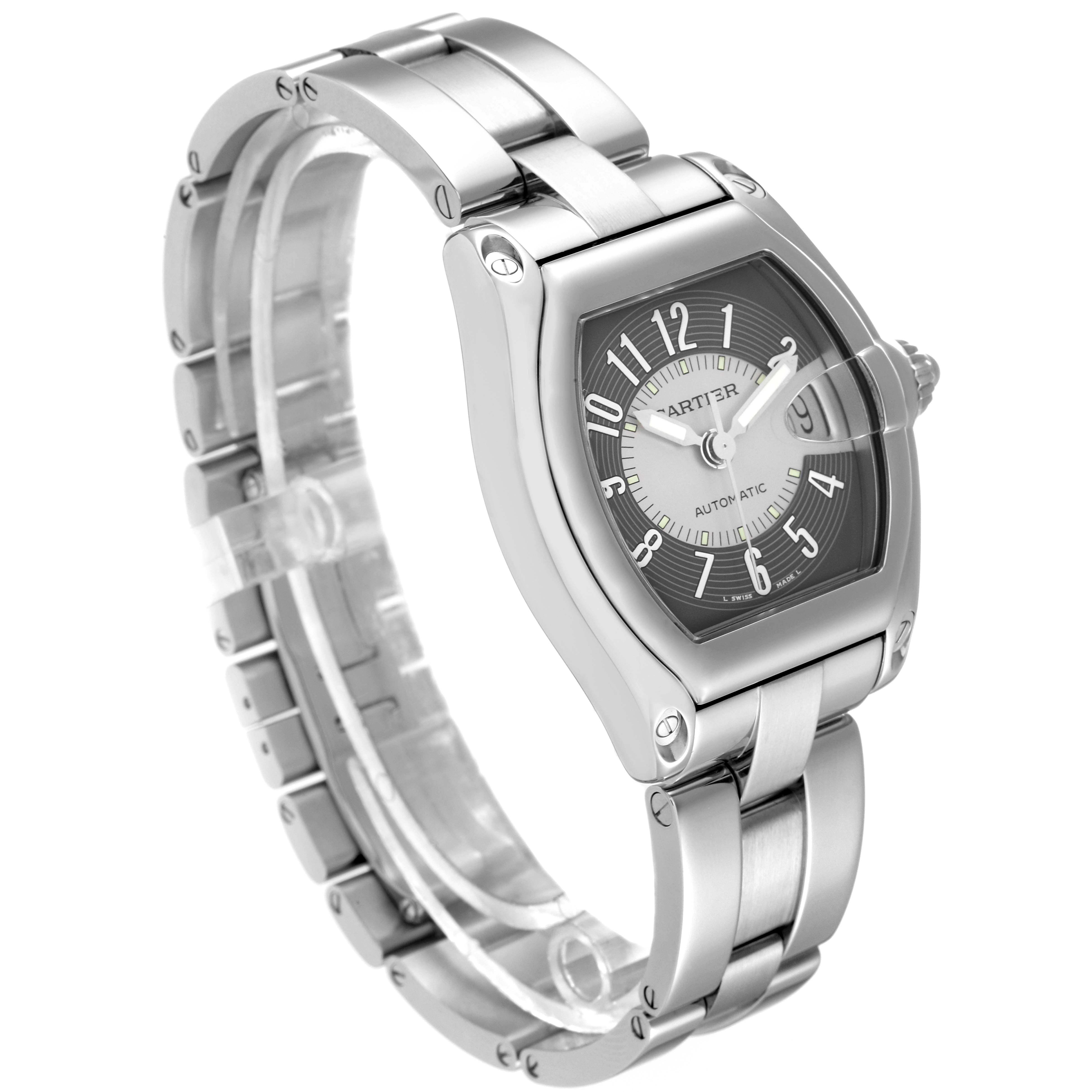 The image shows a Cartier Roadster W62001V3 Men's Stainless Steel Grey Dial W62001V3 Men's Stainless Steel Grey Dial watch from a front angle, highlighting its stainless steel case and bracelet.