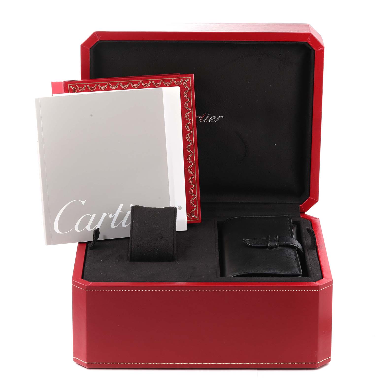 The image shows a Cartier Roadster W62001V3 Men's Stainless Steel Grey Dial W62001V3 Men's Stainless Steel Grey Dial watch box with documentation and a black leather accessory.