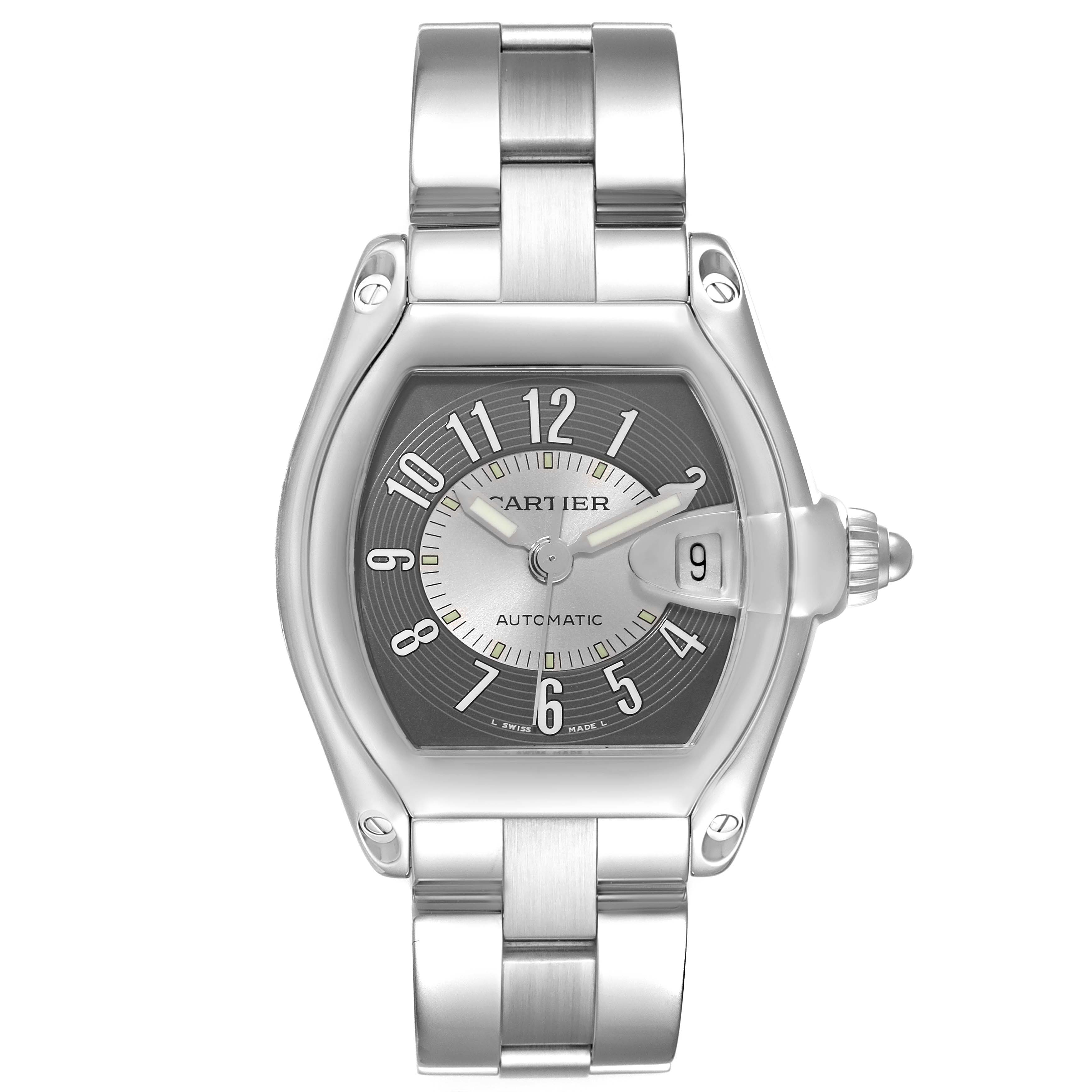 The image shows a full frontal view of a Cartier Roadster W62001V3 Men's Stainless Steel Grey Dial W62001V3 Men's Stainless Steel Grey Dial watch, displaying its dial, bracelet, case, and crown.