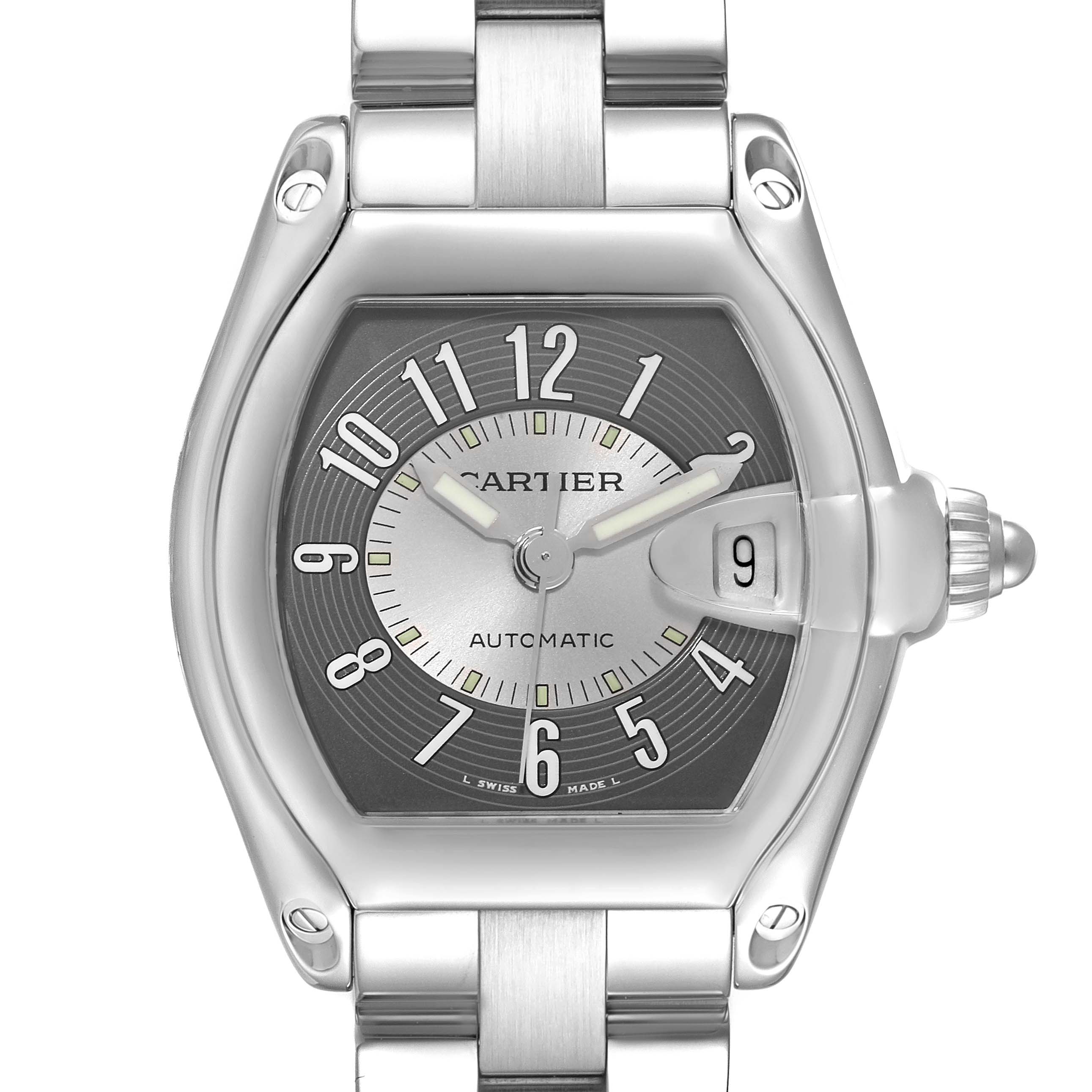 The image shows a front view of the Cartier Roadster W62001V3 Men's Stainless Steel Grey Dial W62001V3 Men's Stainless Steel Grey Dial watch, featuring its dial, date window, and stainless steel bracelet.
