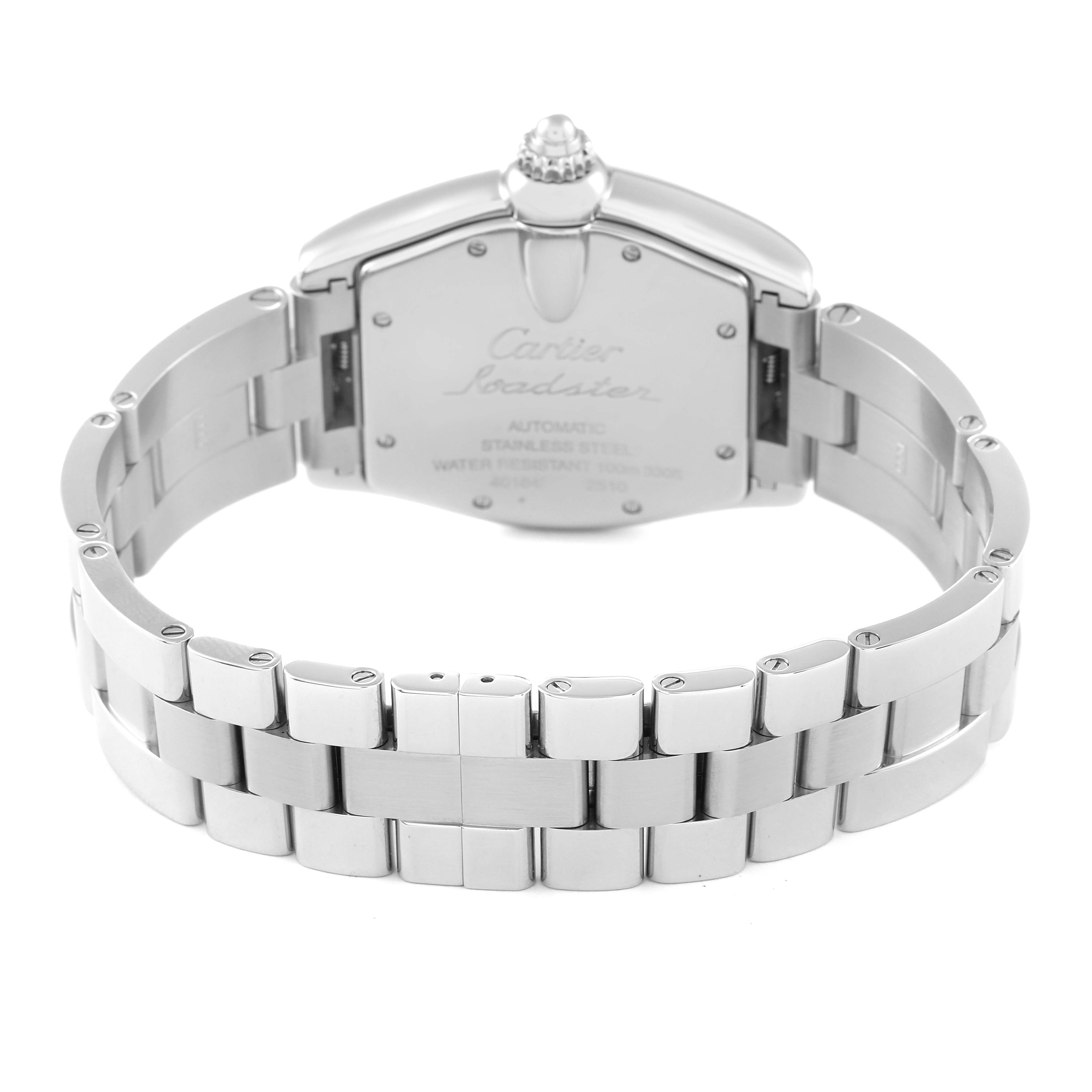The image shows the back case and bracelet of the Cartier Roadster W62001V3 Men's Stainless Steel Grey Dial W62001V3 Men's Stainless Steel Grey Dial watch from a rear angle.