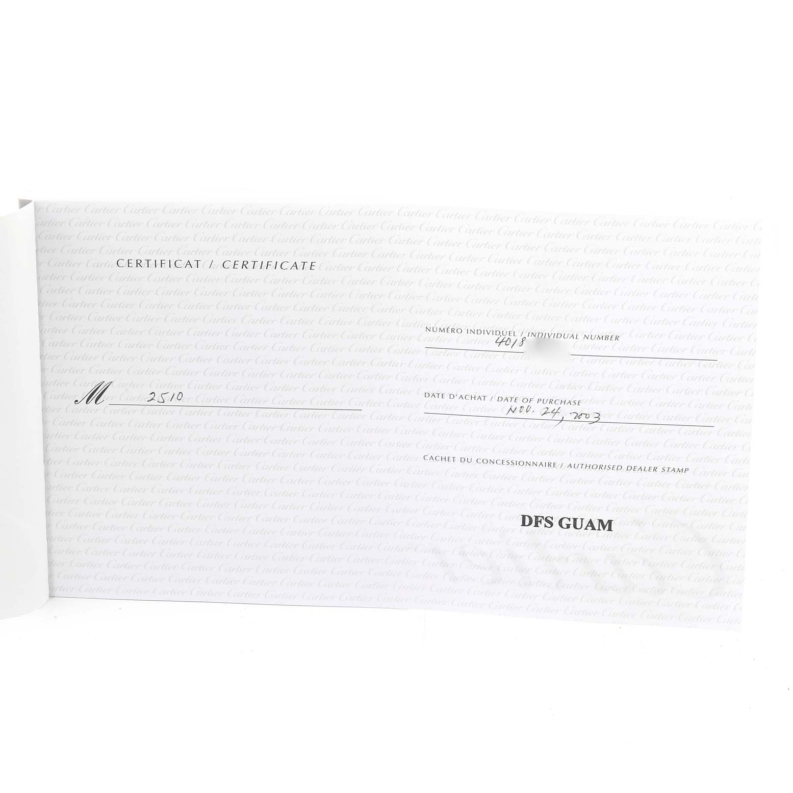 The image shows a certificate for the Cartier Roadster W62001V3 Men's Stainless Steel Grey Dial W62001V3 Men's Stainless Steel Grey Dial model watch, including purchase information and dealer stamp.