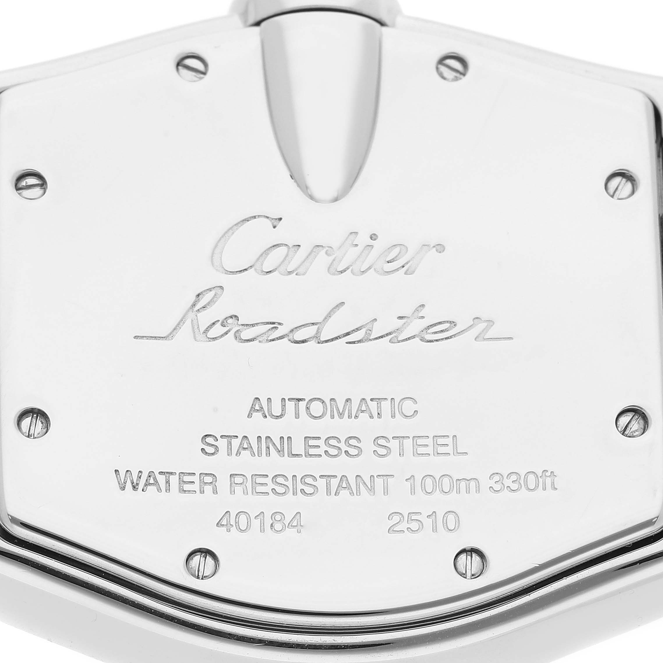 This image shows the back case of a Cartier Roadster W62001V3 Men's Stainless Steel Grey Dial W62001V3 Men's Stainless Steel Grey Dial watch, featuring engravings of the model details and specifications.