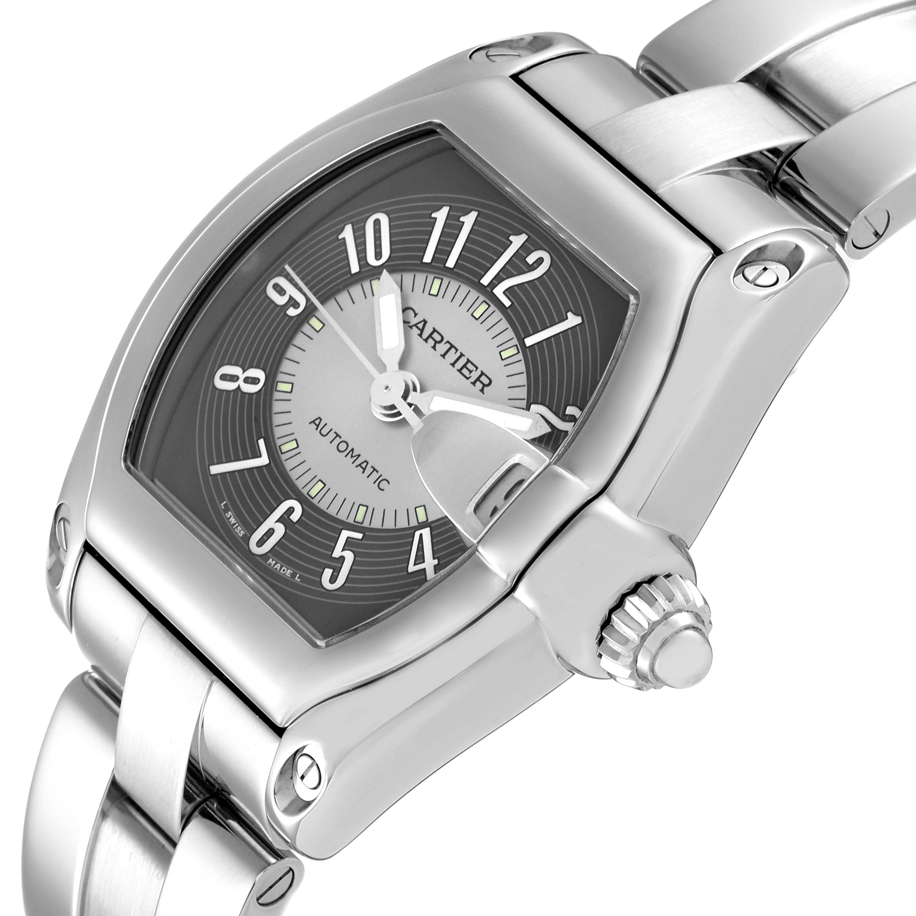 This image shows a close-up angled view of the Cartier Roadster W62001V3 Men's Stainless Steel Grey Dial W62001V3 Men's Stainless Steel Grey Dial watch, highlighting its face, crown, and stainless steel bracelet.