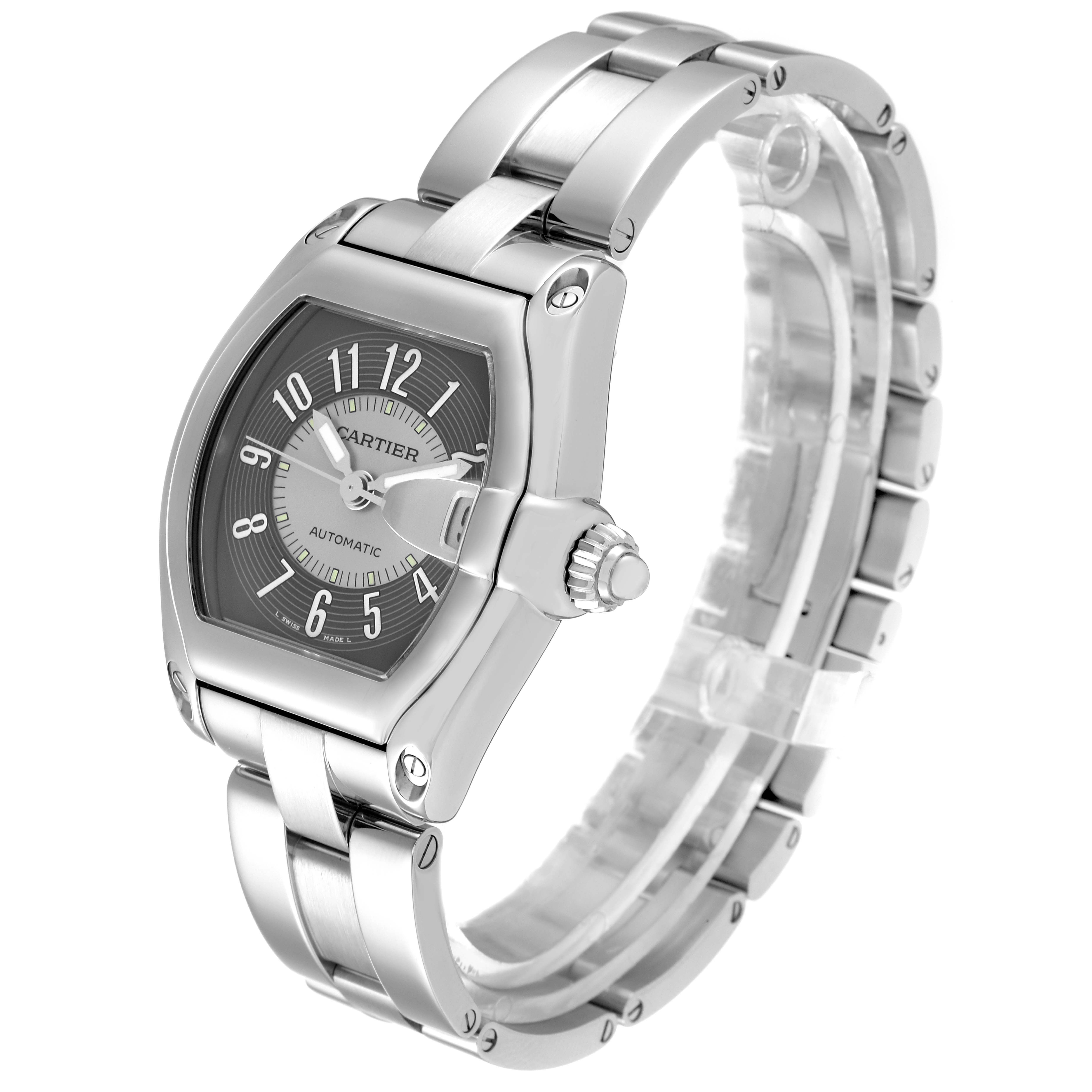 A Cartier Roadster W62001V3 Men's Stainless Steel Grey Dial W62001V3 Men's Stainless Steel Grey Dial watch is shown at a three-quarter angle, displaying its face, crown, and stainless steel bracelet.