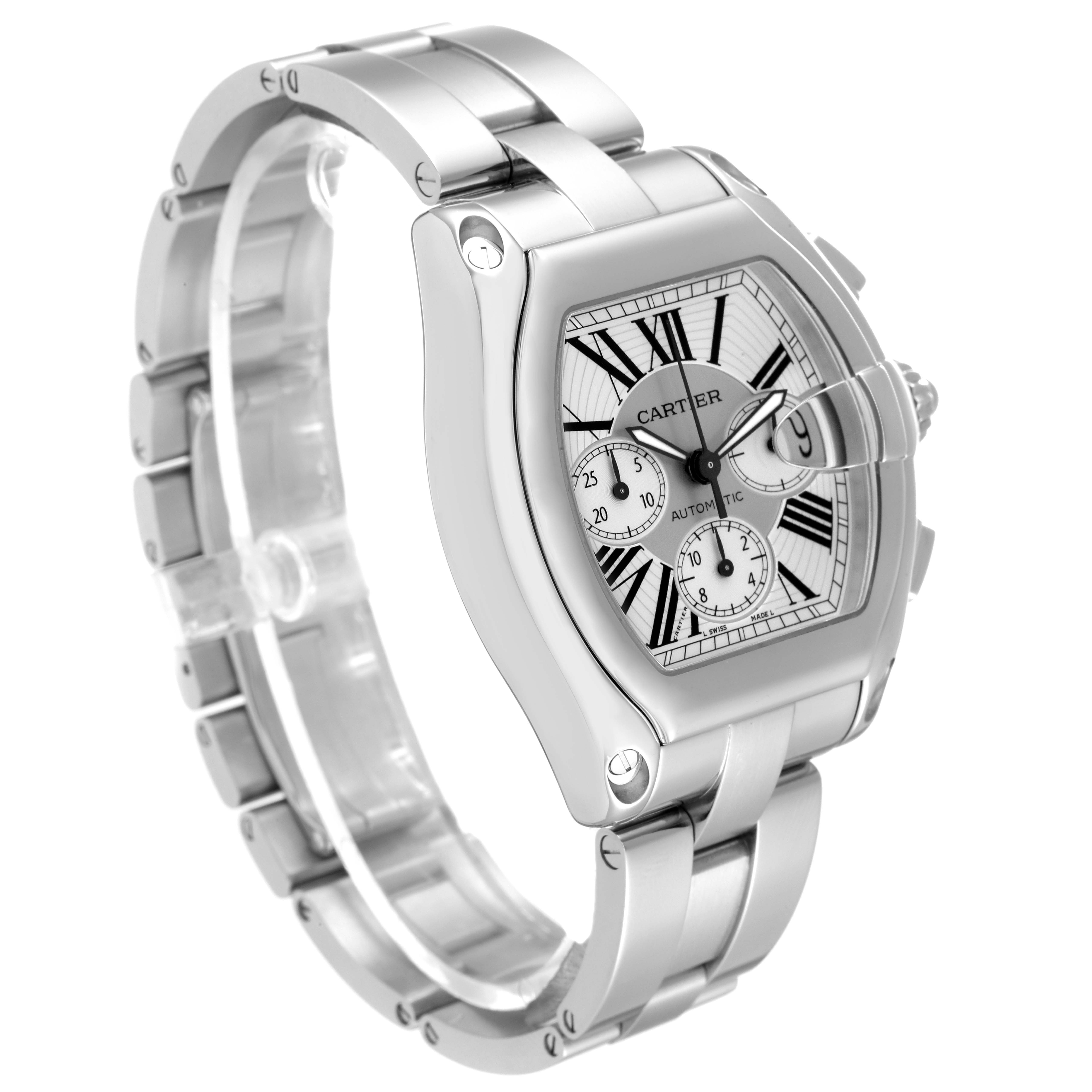 This image shows a Cartier Roadster W62019X6 Men's Stainless Steel Silver Dial W62019X6 Men's Stainless Steel Silver Dial watch angled from the front and slightly left, displaying the face, bezel, and bracelet.