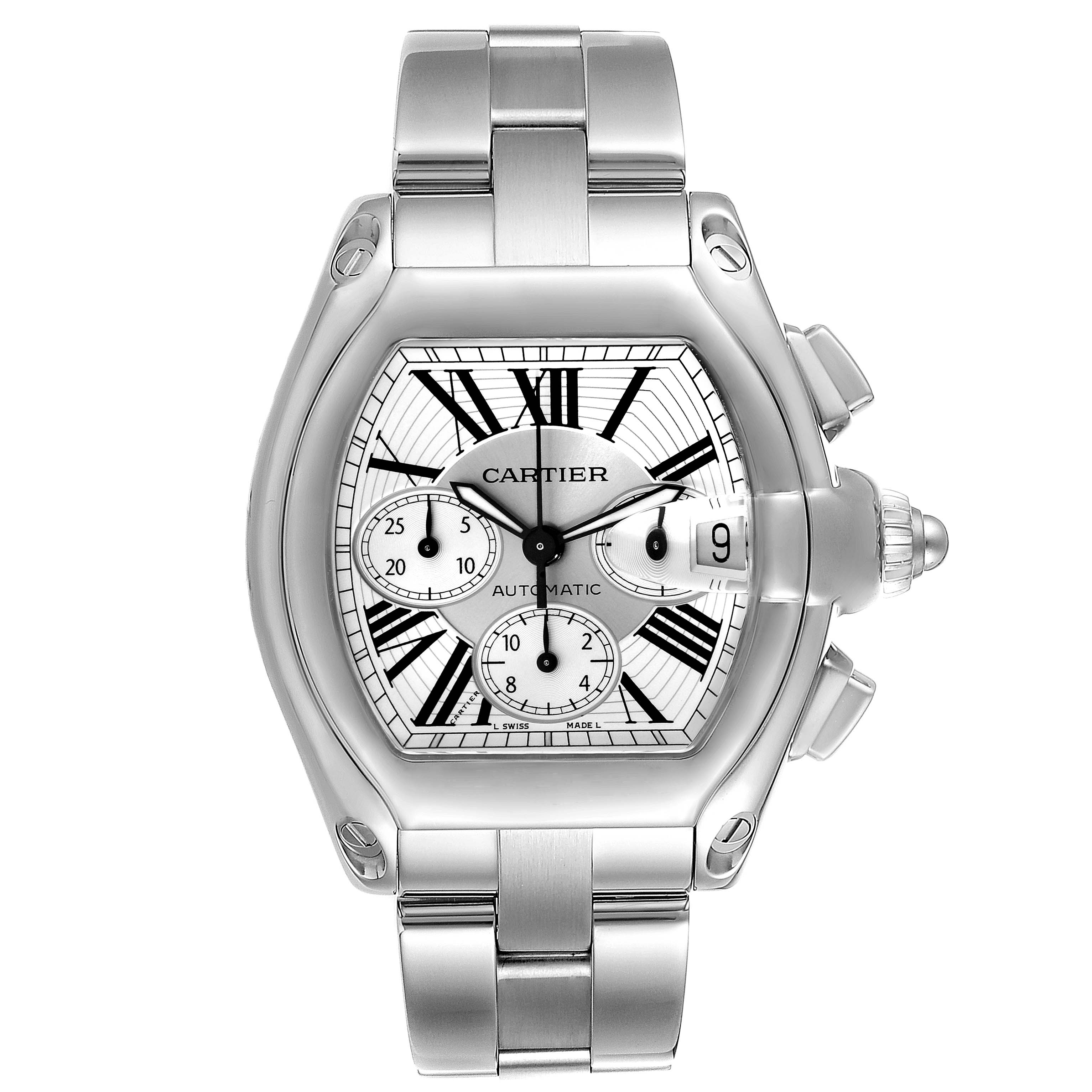 The image shows a front view of the Cartier Roadster W62019X6 Men's Stainless Steel Silver Dial W62019X6 Men's Stainless Steel Silver Dial watch, displaying its face, bracelet, and crown.