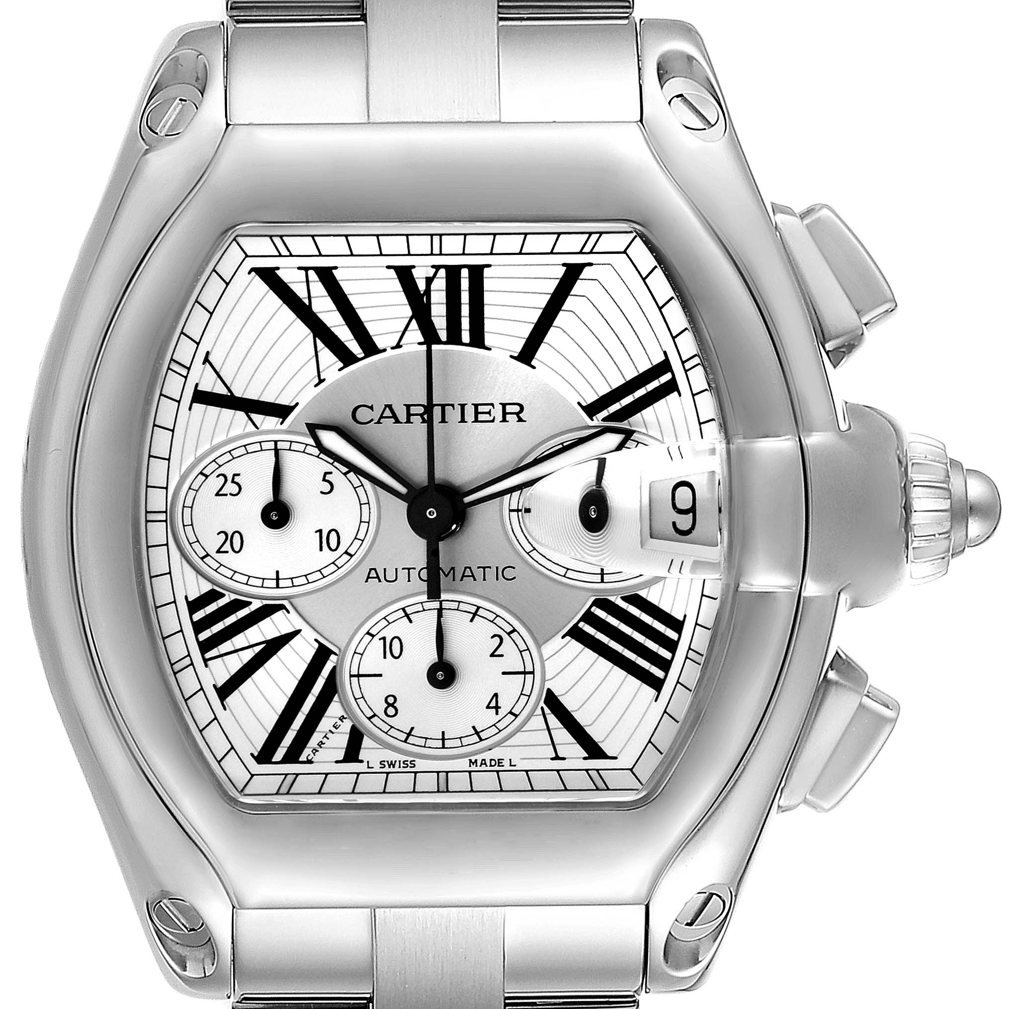 The image shows a front view of a Cartier Roadster W62019X6 Men's Stainless Steel Silver Dial W62019X6 Men's Stainless Steel Silver Dial watch, highlighting its dial, crown, pushers, and part of the bracelet.