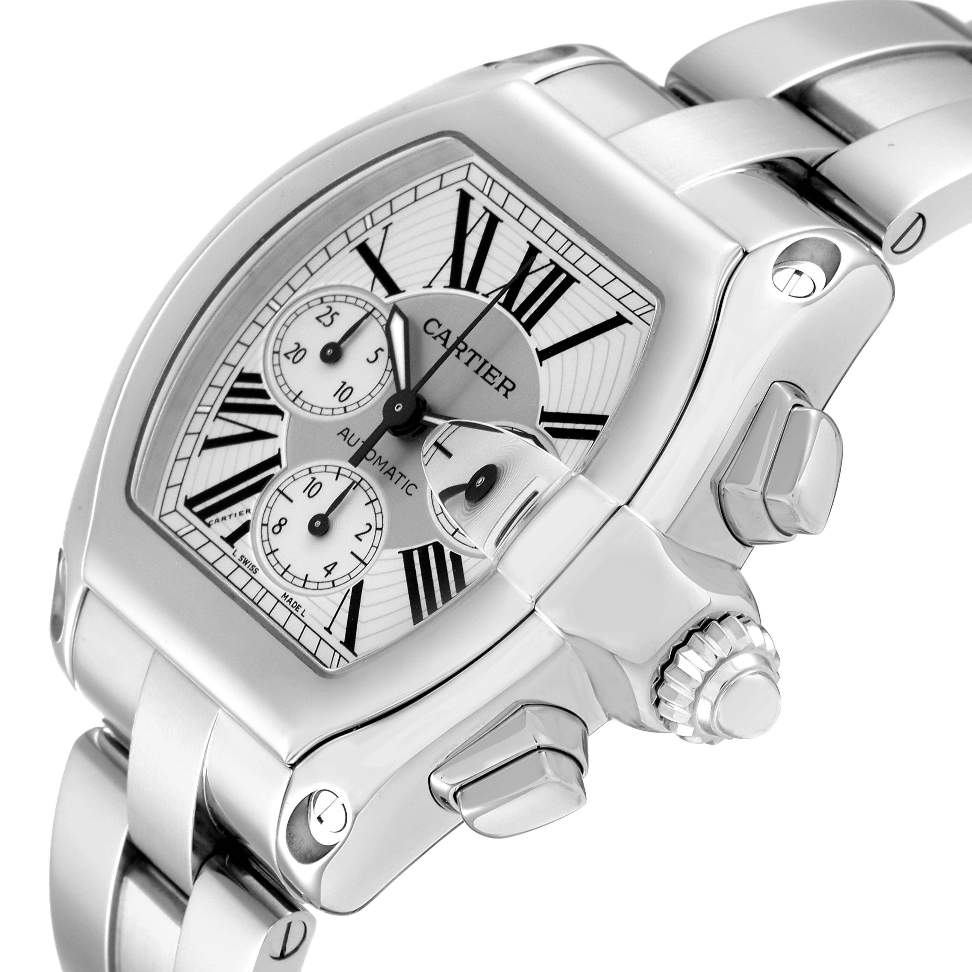 The image shows a Cartier Roadster W62019X6 Men's Stainless Steel Silver Dial W62019X6 Men's Stainless Steel Silver Dial watch at an angled view, displaying its face, crown, pushers, and part of the bracelet.