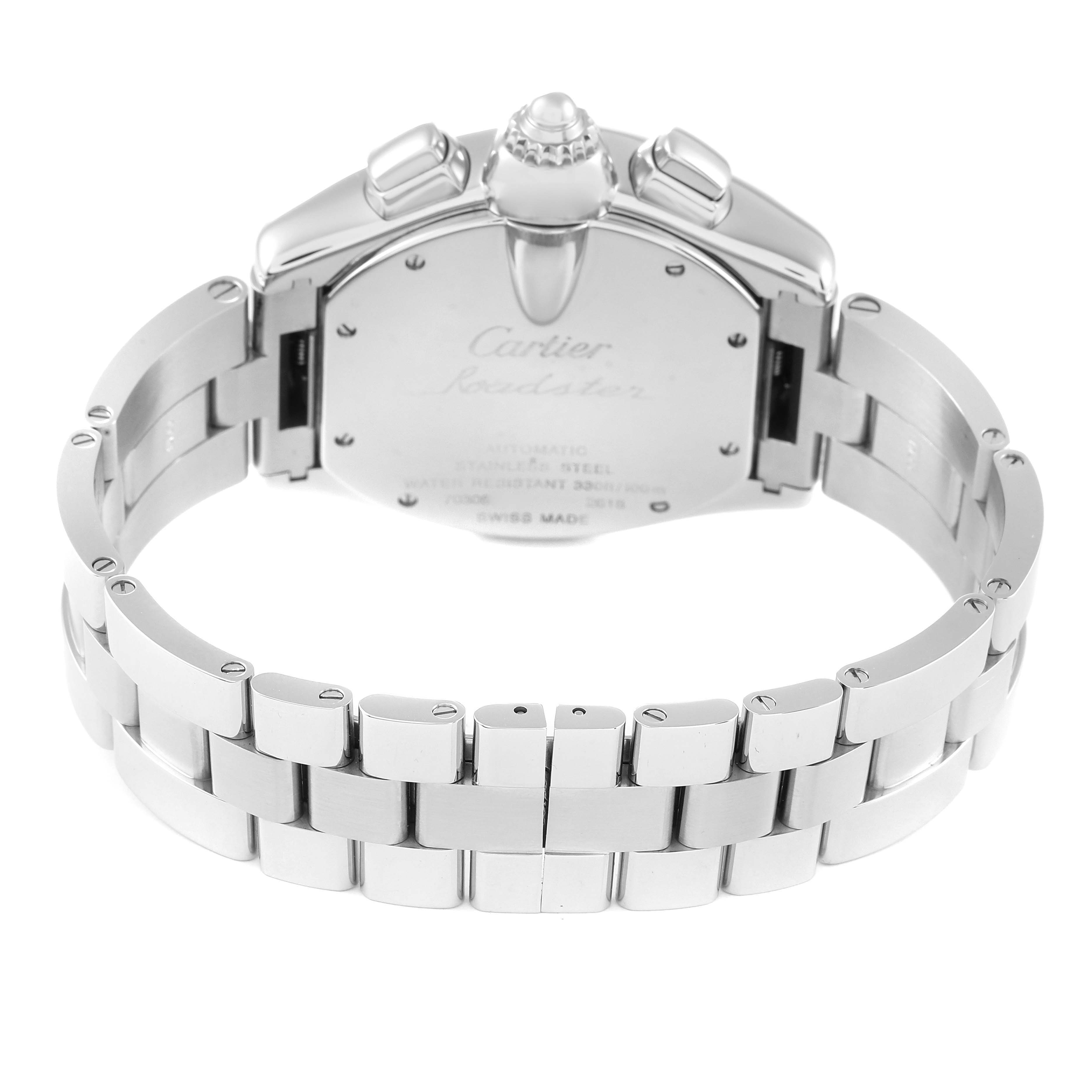 This image shows the back case and bracelet of a Cartier Roadster W62019X6 Men's Stainless Steel Silver Dial W62019X6 Men's Stainless Steel Silver Dial watch at a rear-facing angle.