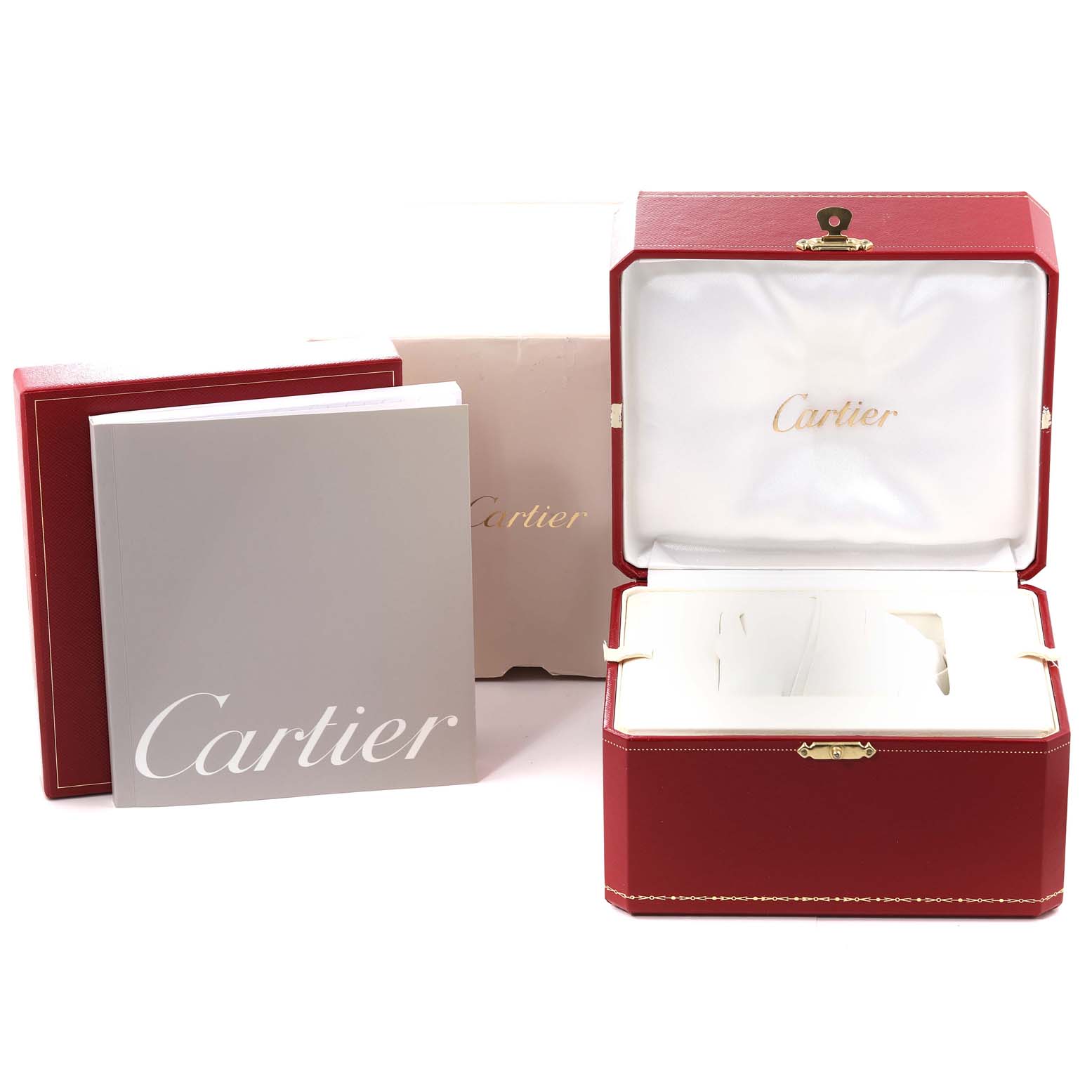 This image shows the packaging and accessories of the Cartier Roadster W62019X6 Men's Stainless Steel Silver Dial W62019X6 Men's Stainless Steel Silver Dial watch, including the box and manuals.