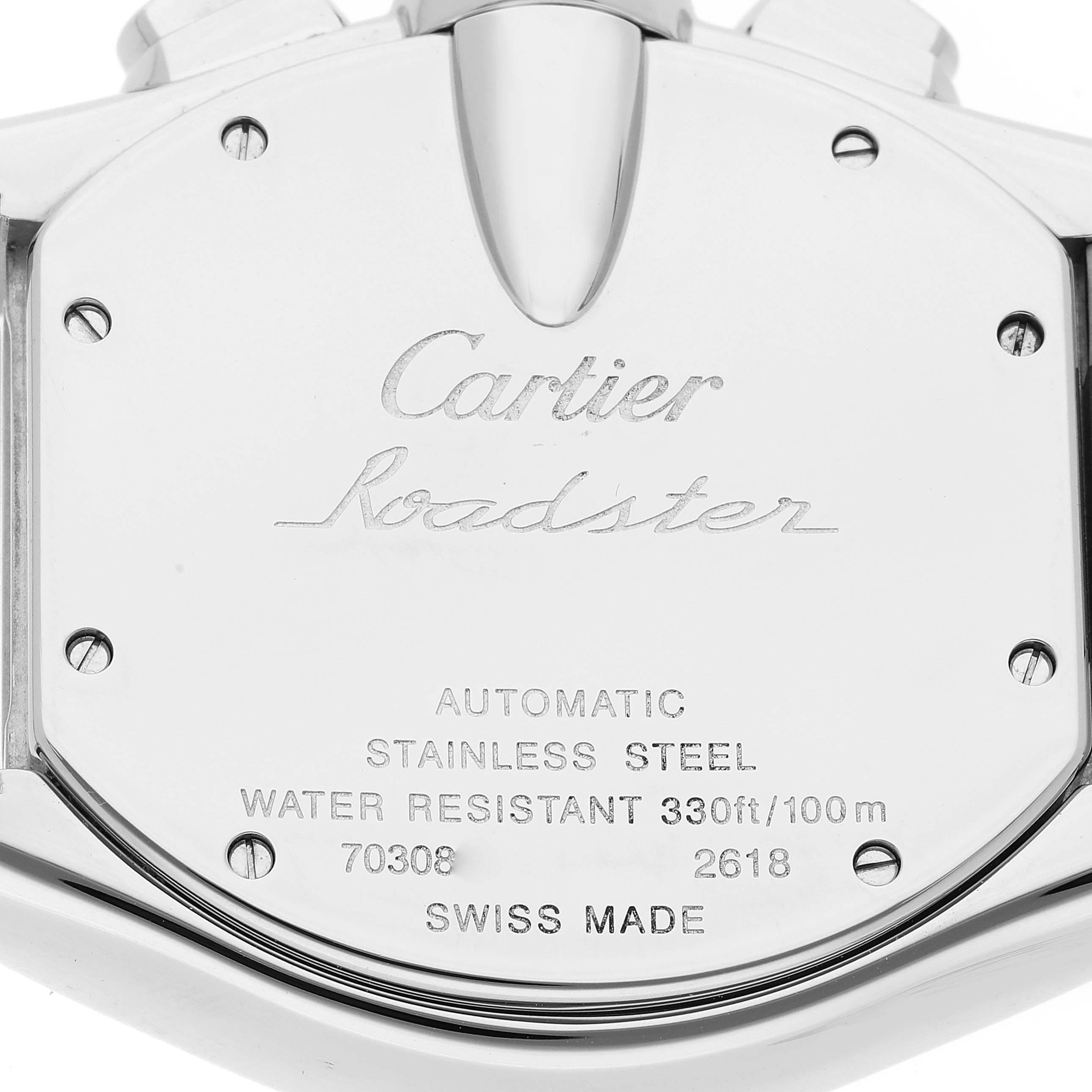 This is the back view of a stainless steel Cartier Roadster W62019X6 Men's Stainless Steel Silver Dial W62019X6 Men's Stainless Steel Silver Dial watch, showing its inscriptions and specifications.
