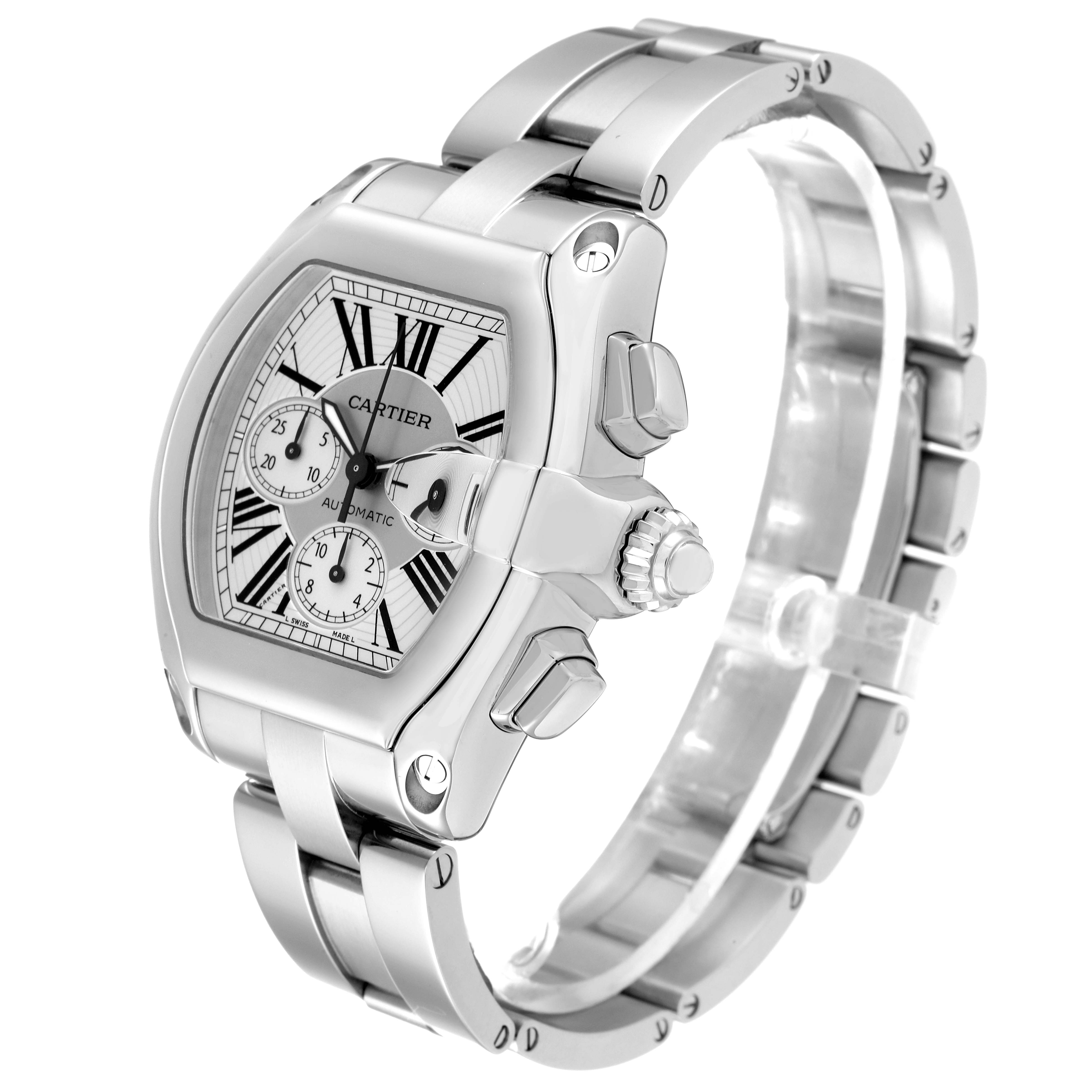 The Cartier Roadster W62019X6 Men's Stainless Steel Silver Dial W62019X6 Men's Stainless Steel Silver Dial watch is shown at a three-quarter angle, displaying its case, dial, crown, and bracelet.