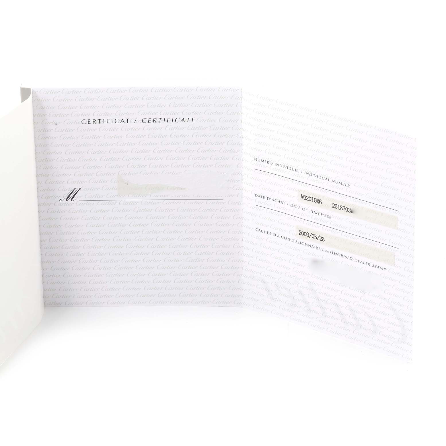 This image shows the certificate documentation for the Cartier Roadster W62019X6 Men's Stainless Steel Silver Dial W62019X6 Men's Stainless Steel Silver Dial watch, with details filled in on the right side.