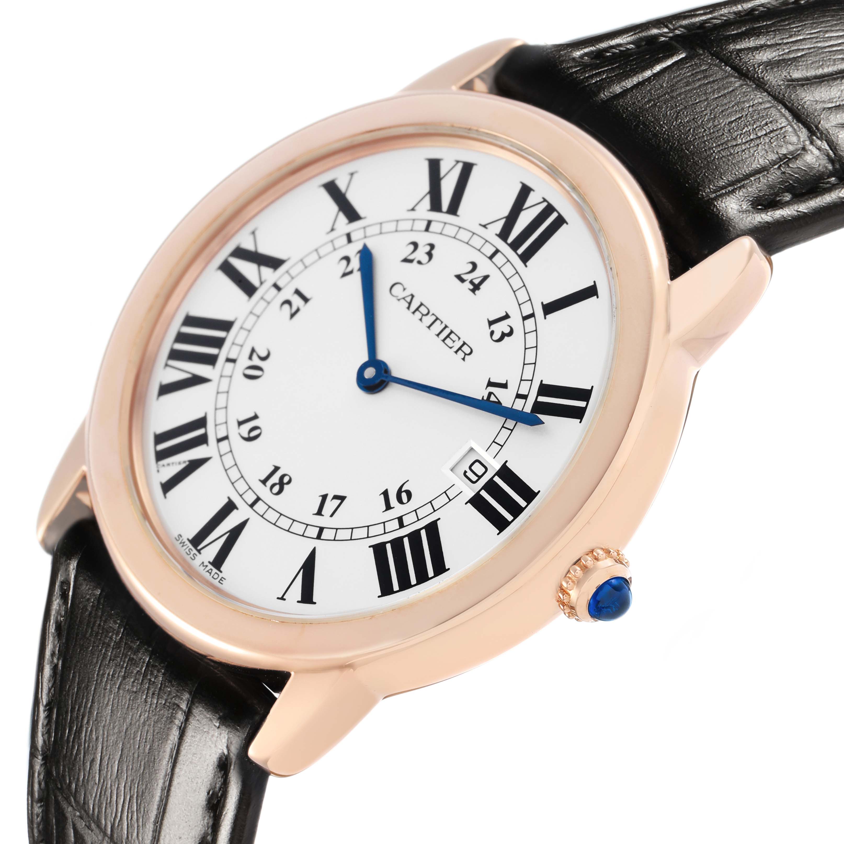 The Cartier Ronde W6701008 Men's Rose Gold Silver Dial watch is shown at a slight angle, displaying its face, Roman numerals, blue hands, crown, and leather strap.