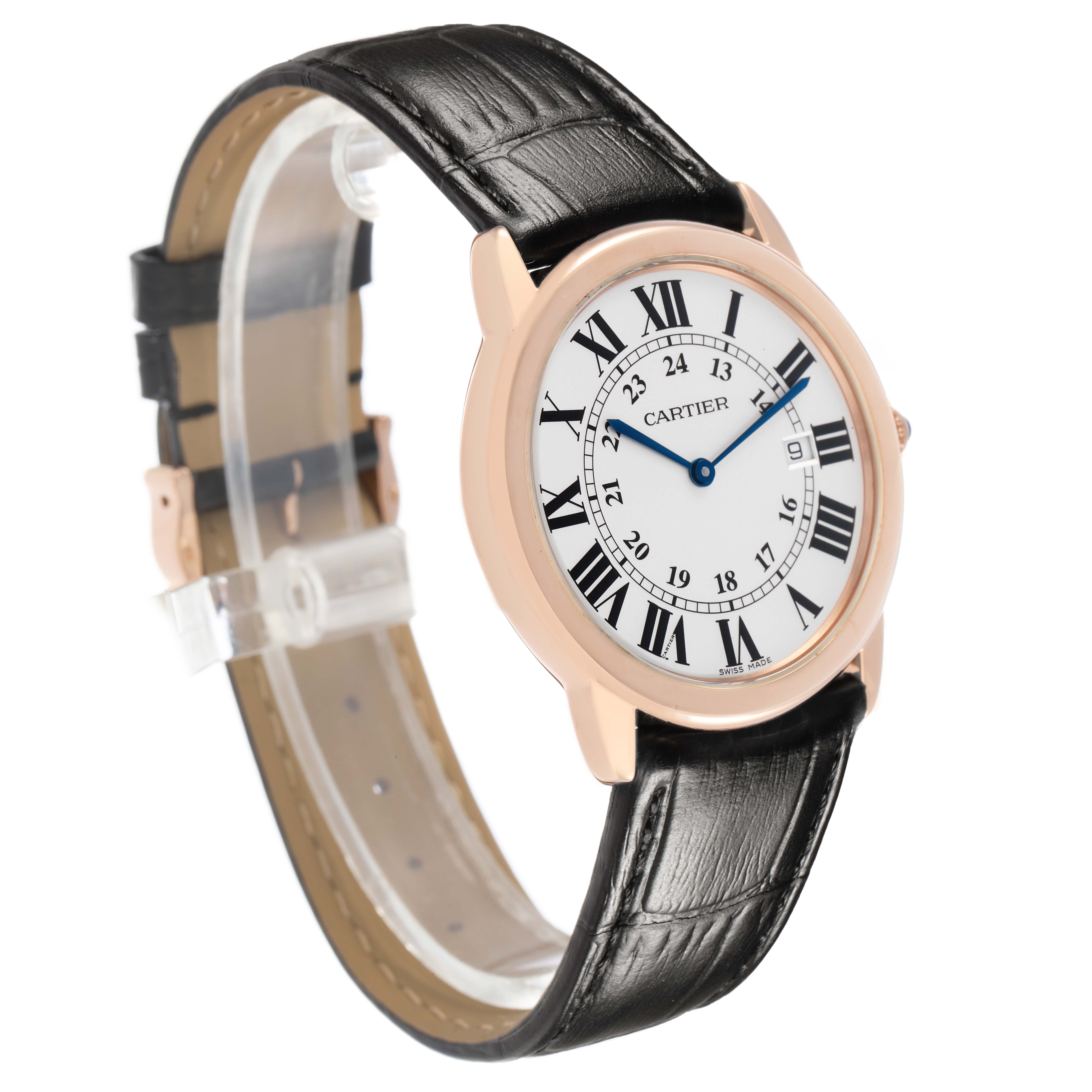 The Cartier Ronde W6701008 Men's Rose Gold Silver Dial watch is shown at a three-quarter angle, displaying its face, case, and strap.