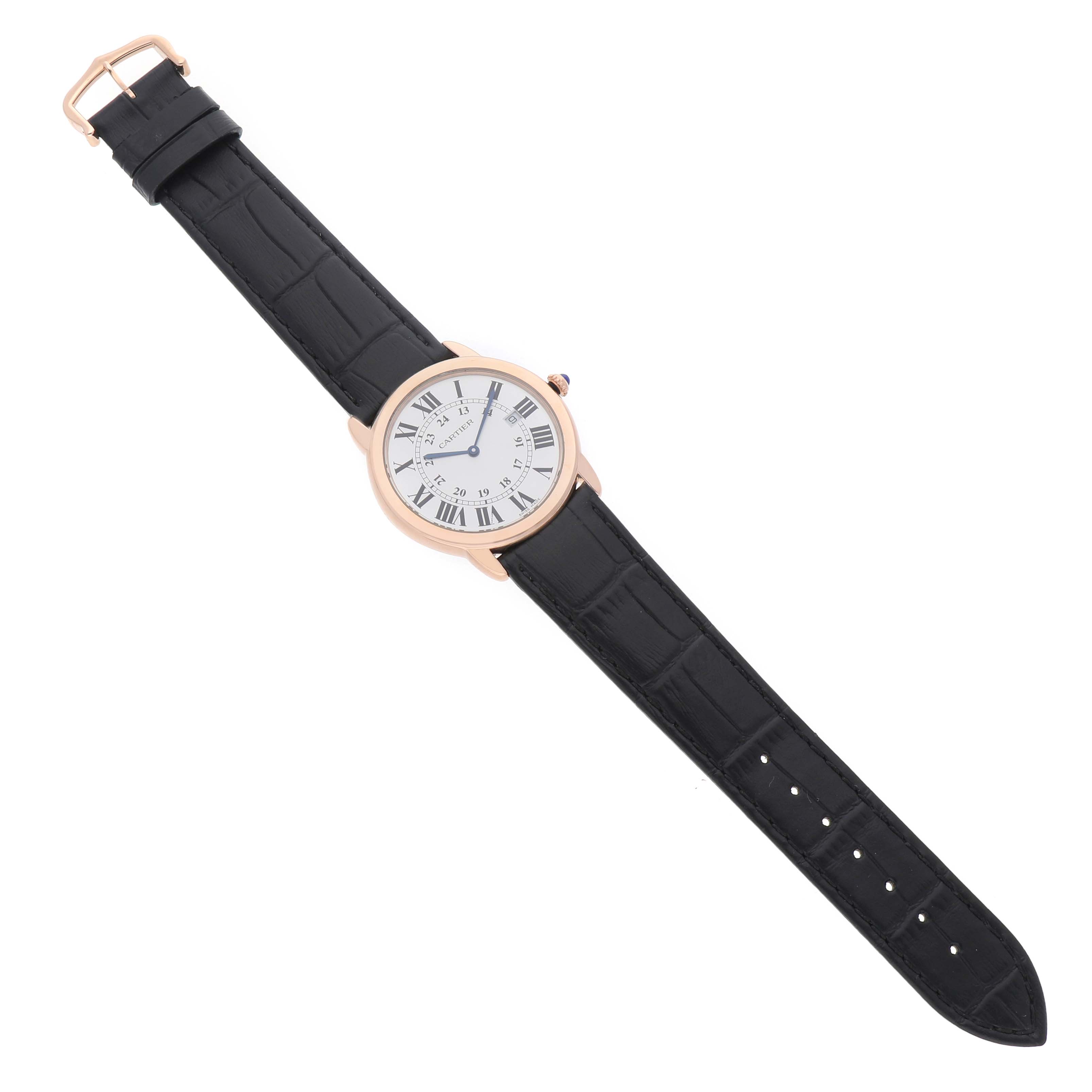 The Cartier Ronde W6701008 Men's Rose Gold Silver Dial watch is shown from a top-down angle, displaying its face, strap, and buckle.
