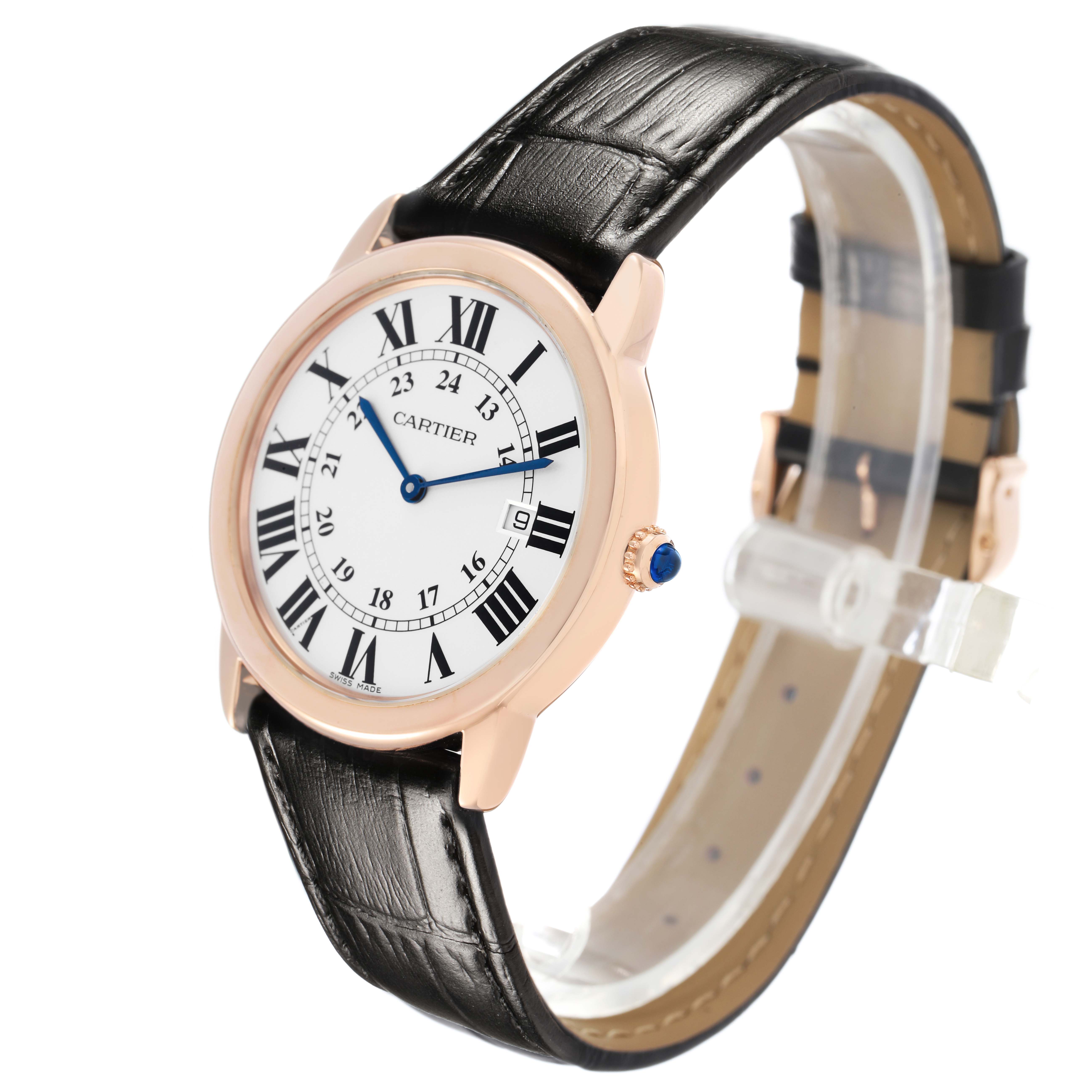 The Cartier Ronde W6701008 Men's Rose Gold Silver Dial watch is shown at a three-quarter angle, highlighting its face, leather strap, and side crown.