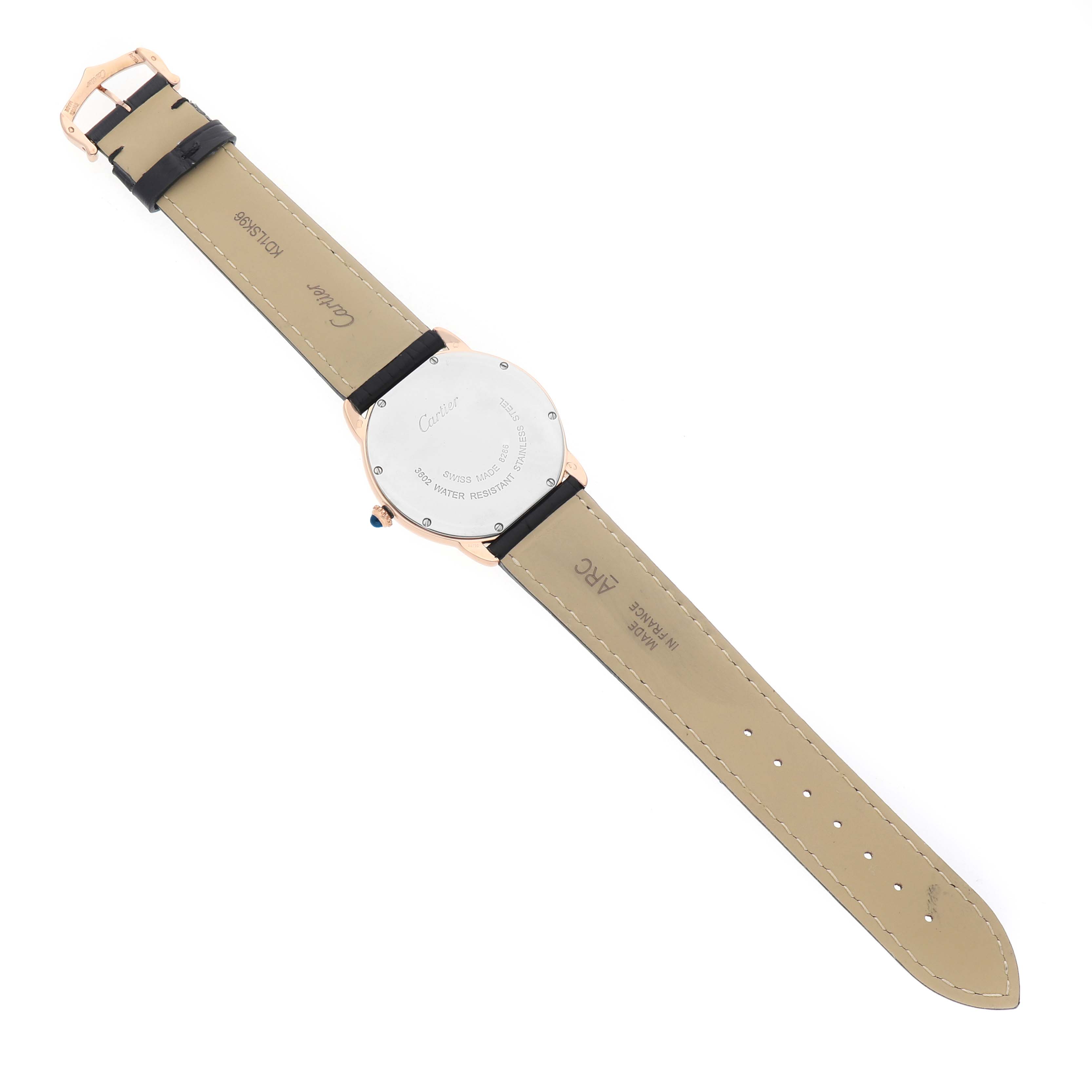 The Cartier Ronde W6701008 Men's Rose Gold Silver Dial watch is shown from the back, displaying the case back and leather strap.