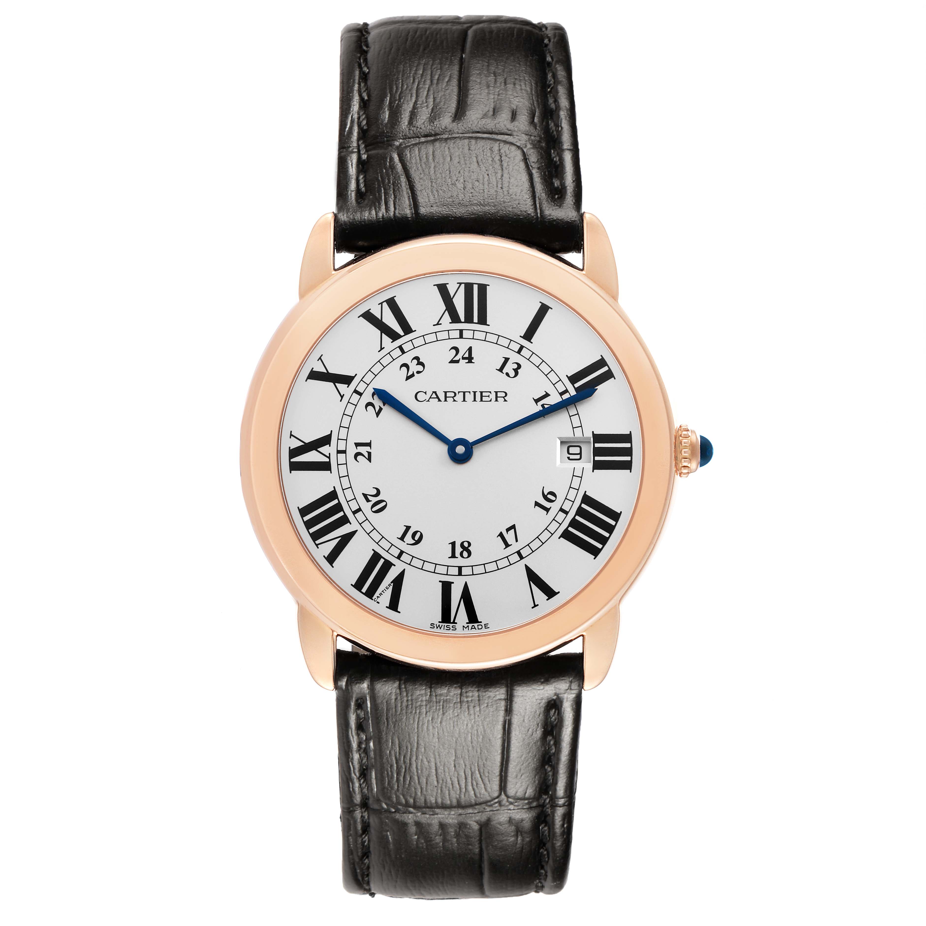 The Cartier Ronde W6701008 Men's Rose Gold Silver Dial watch is shown from a front view, displaying the face, Roman numerals, and leather strap.