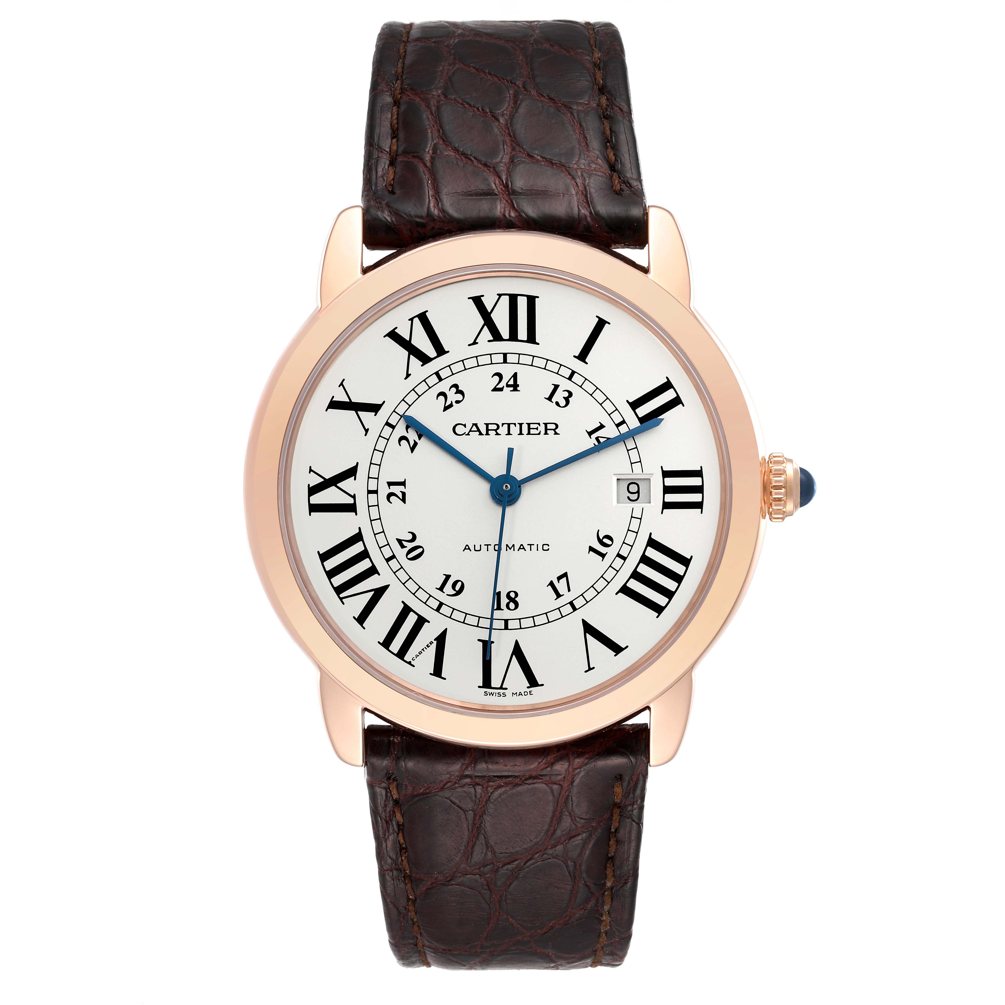 The image shows a front view of the Cartier Ronde W6701009 Men
s Rose Gold Silver Dial W6701009 Men
s Rose Gold Silver Dial watch, displaying the dial, hands, and leather strap.