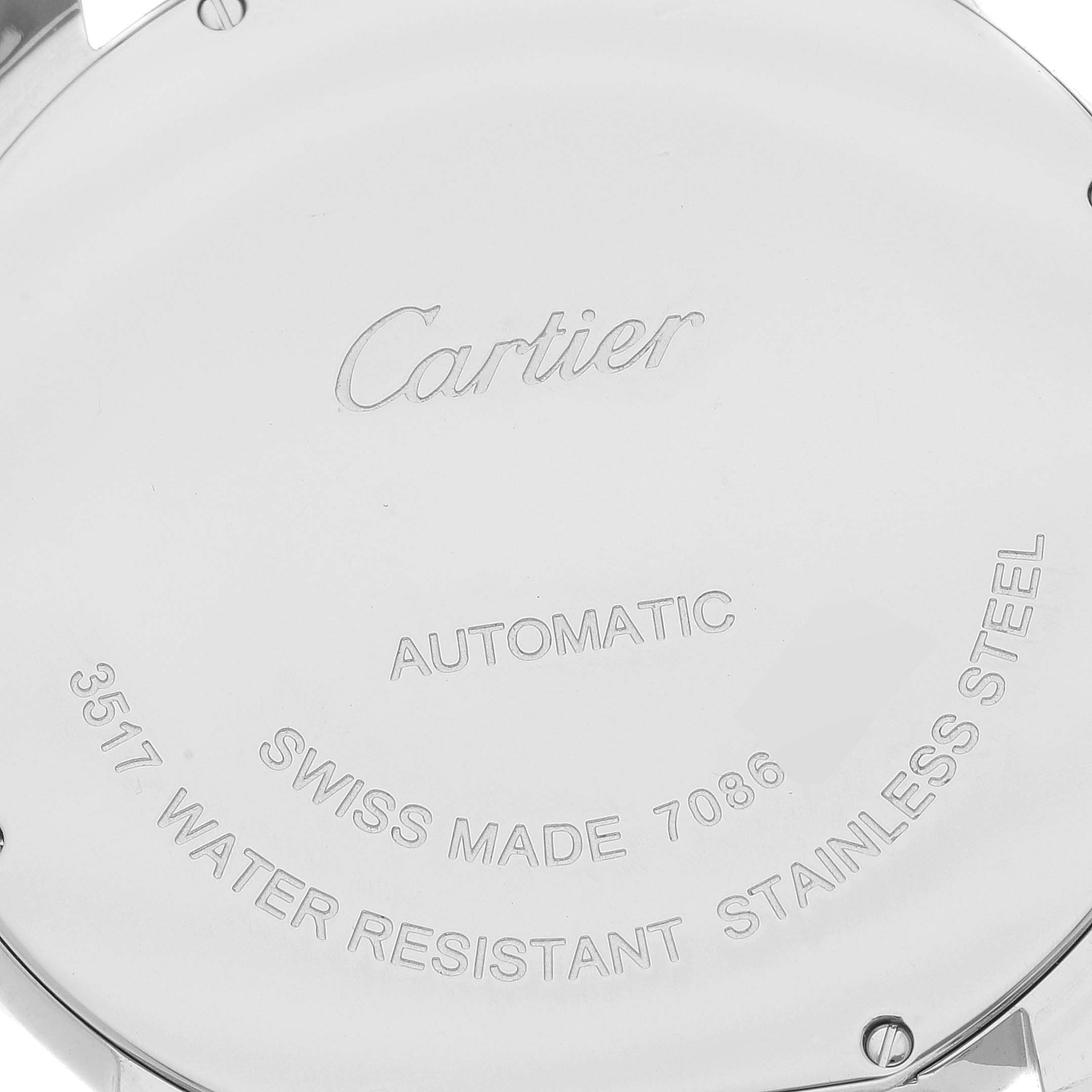 This image shows the case back of the Ronde model by Cartier, highlighting the engraved brand and specifications.
