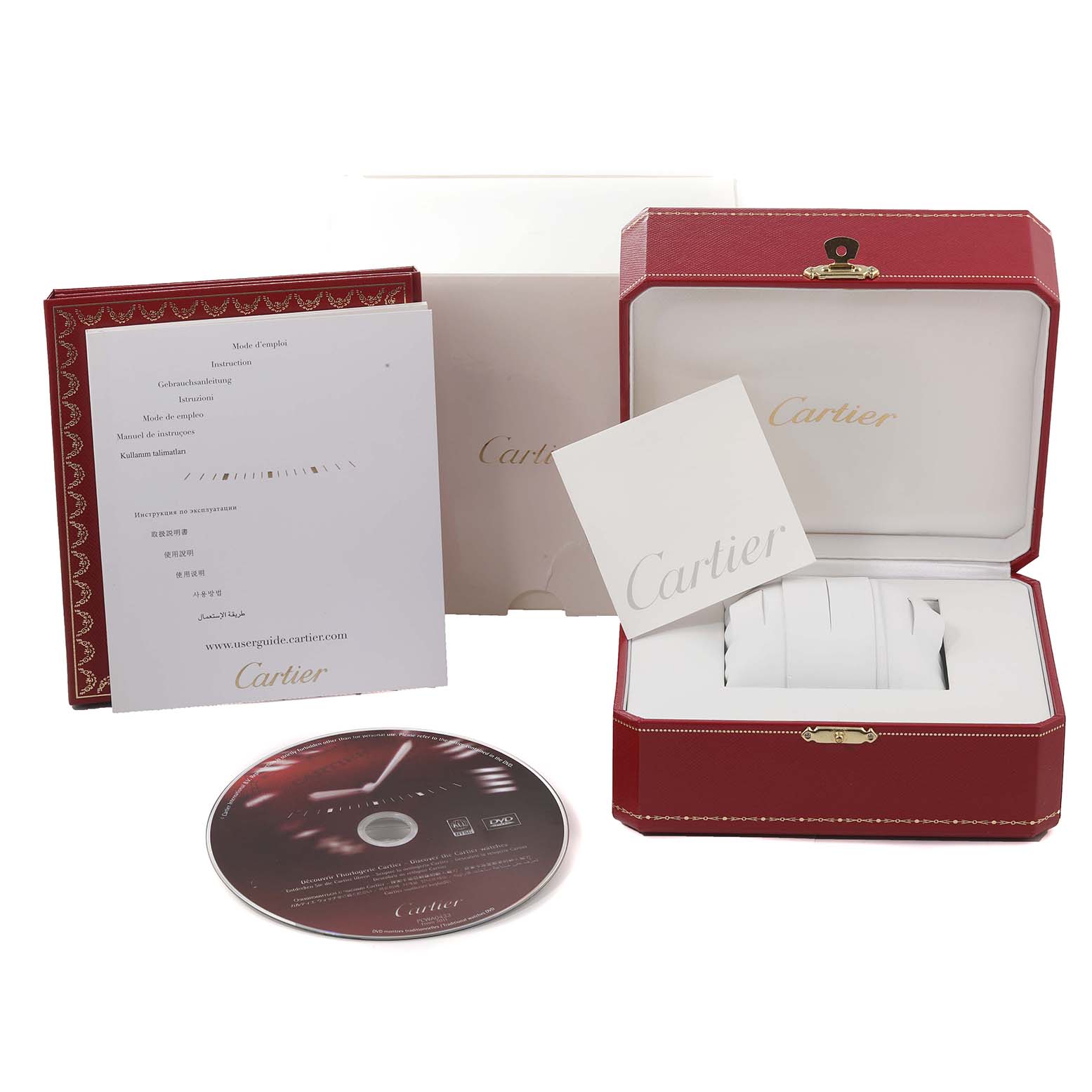 This image shows the packaging of the Ronde model by Cartier, including the red box, manual, and a CD.