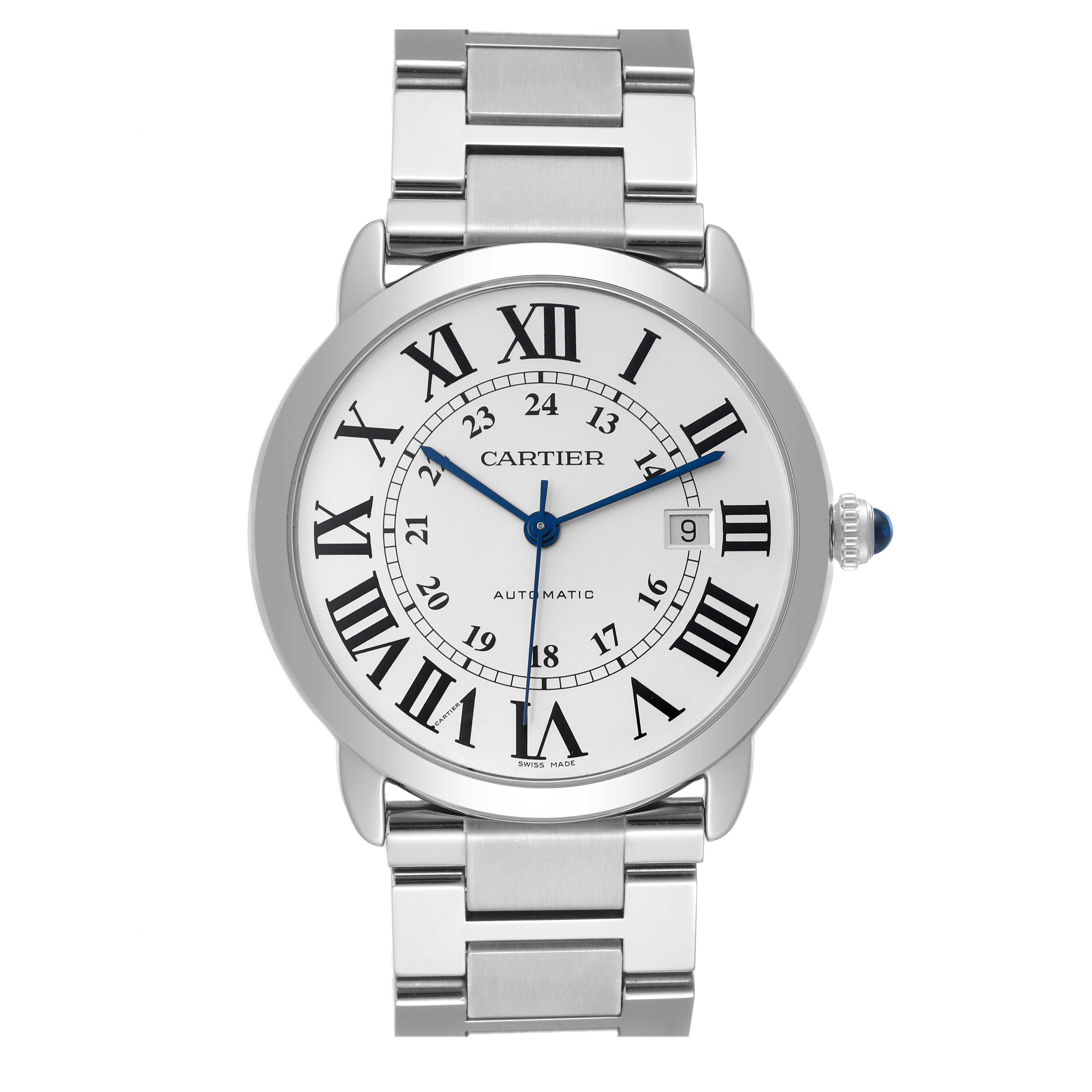 The image shows a front view of the Cartier Ronde W6701011 Men
s Stainless Steel Silver Dial W6701011 Men
s Stainless Steel Silver Dial model watch, displaying the dial, hands, bracelet, and date window.
