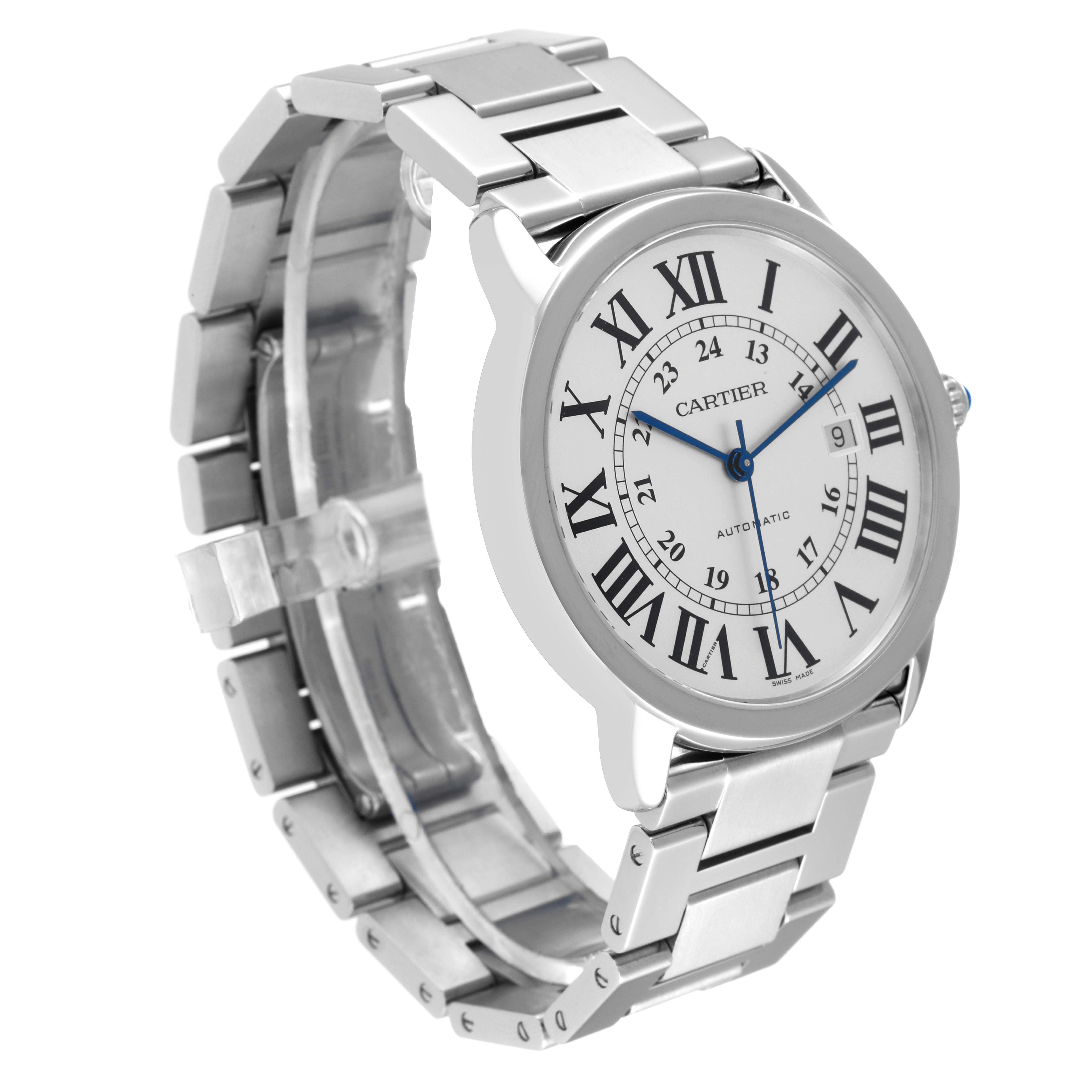 The image shows a Cartier Ronde W6701011 Men
s Stainless Steel Silver Dial W6701011 Men
s Stainless Steel Silver Dial watch at a three-quarter angle, displaying its face, bezel, and metal bracelet.