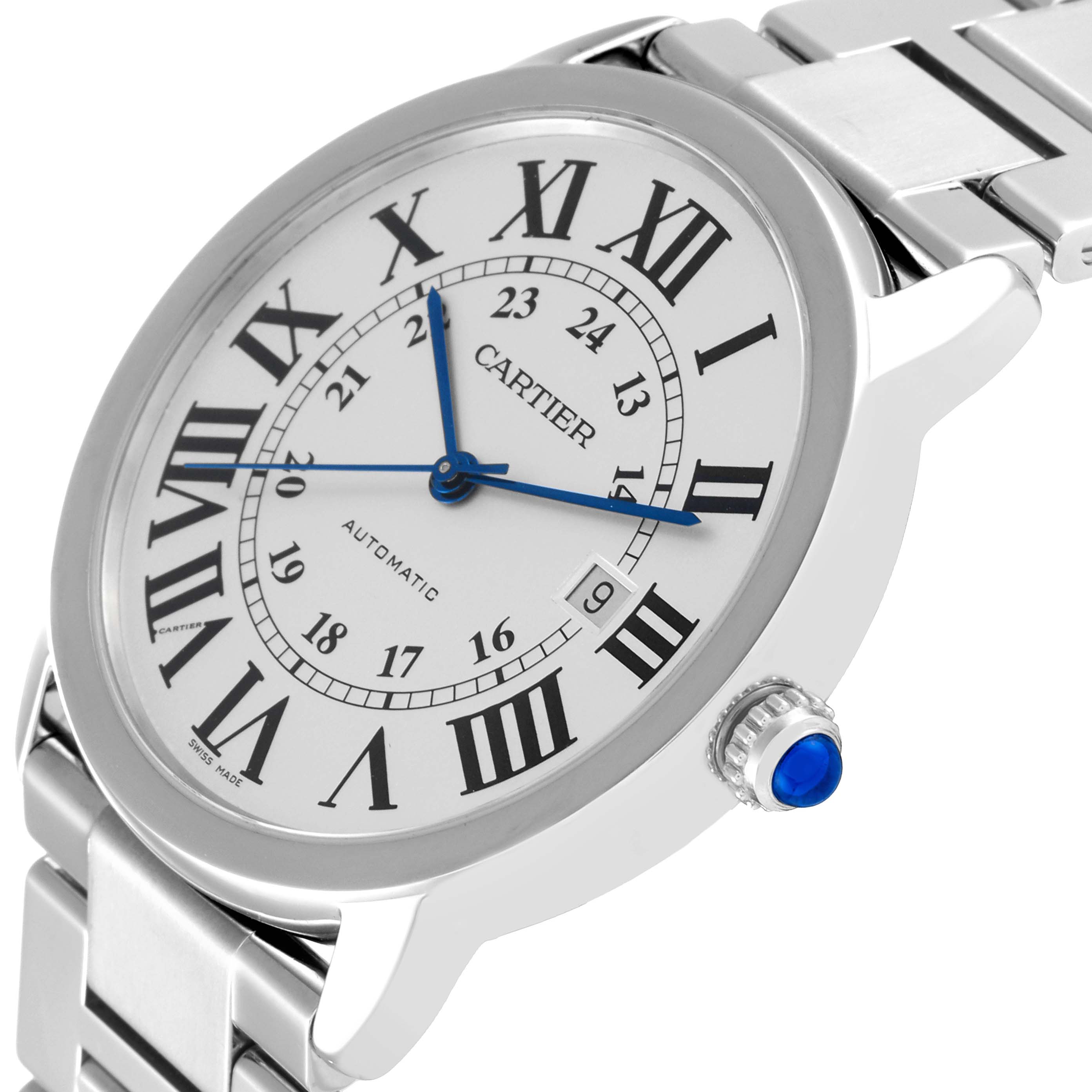 This image shows a close-up, side angle of the Cartier Ronde W6701011 Men
s Stainless Steel Silver Dial W6701011 Men
s Stainless Steel Silver Dial watch, highlighting the dial, case, crown, and bracelet.