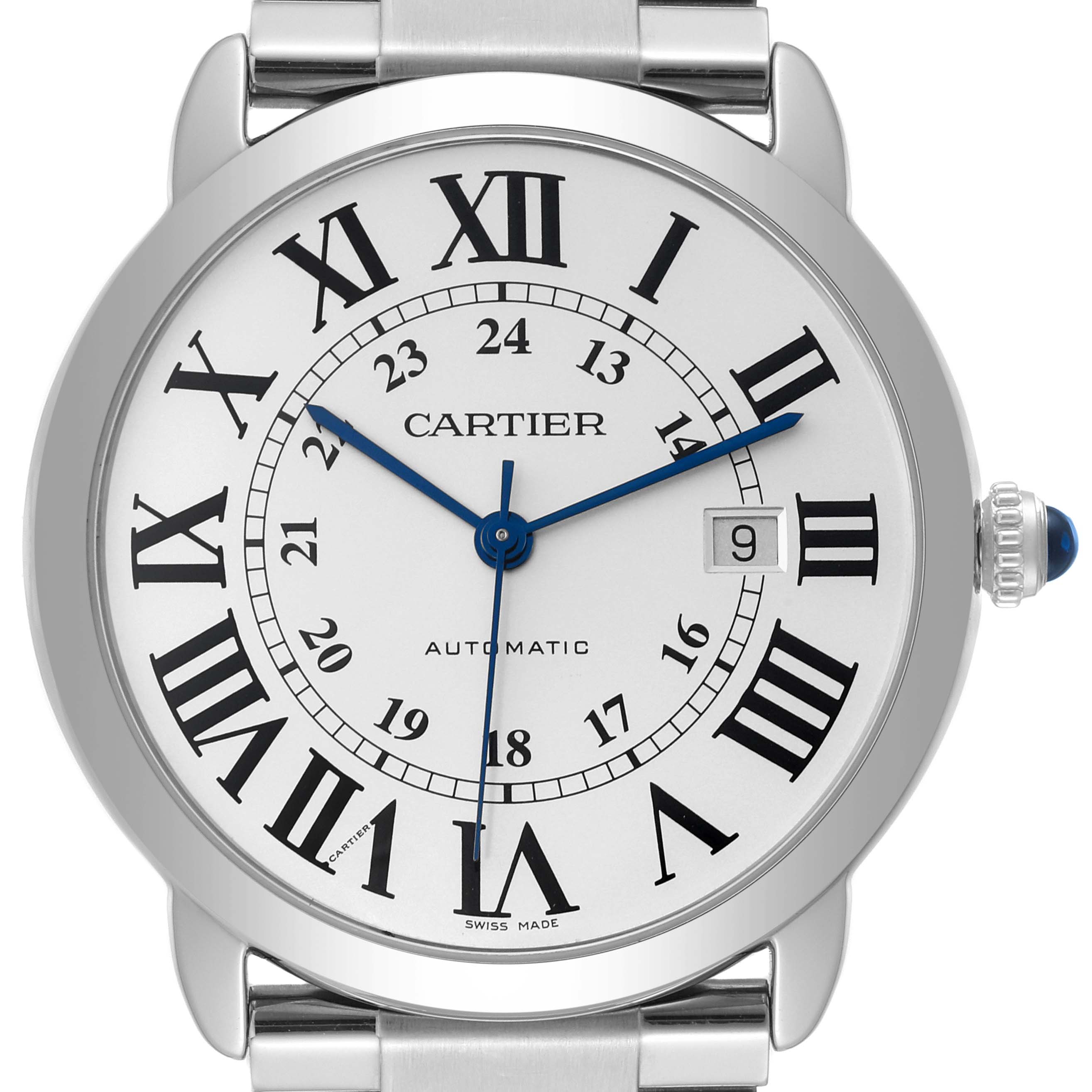 The image shows a frontal view of the Cartier Ronde W6701011 Men
s Stainless Steel Silver Dial W6701011 Men
s Stainless Steel Silver Dial watch, featuring its dial, Roman numerals, hands, and date window.