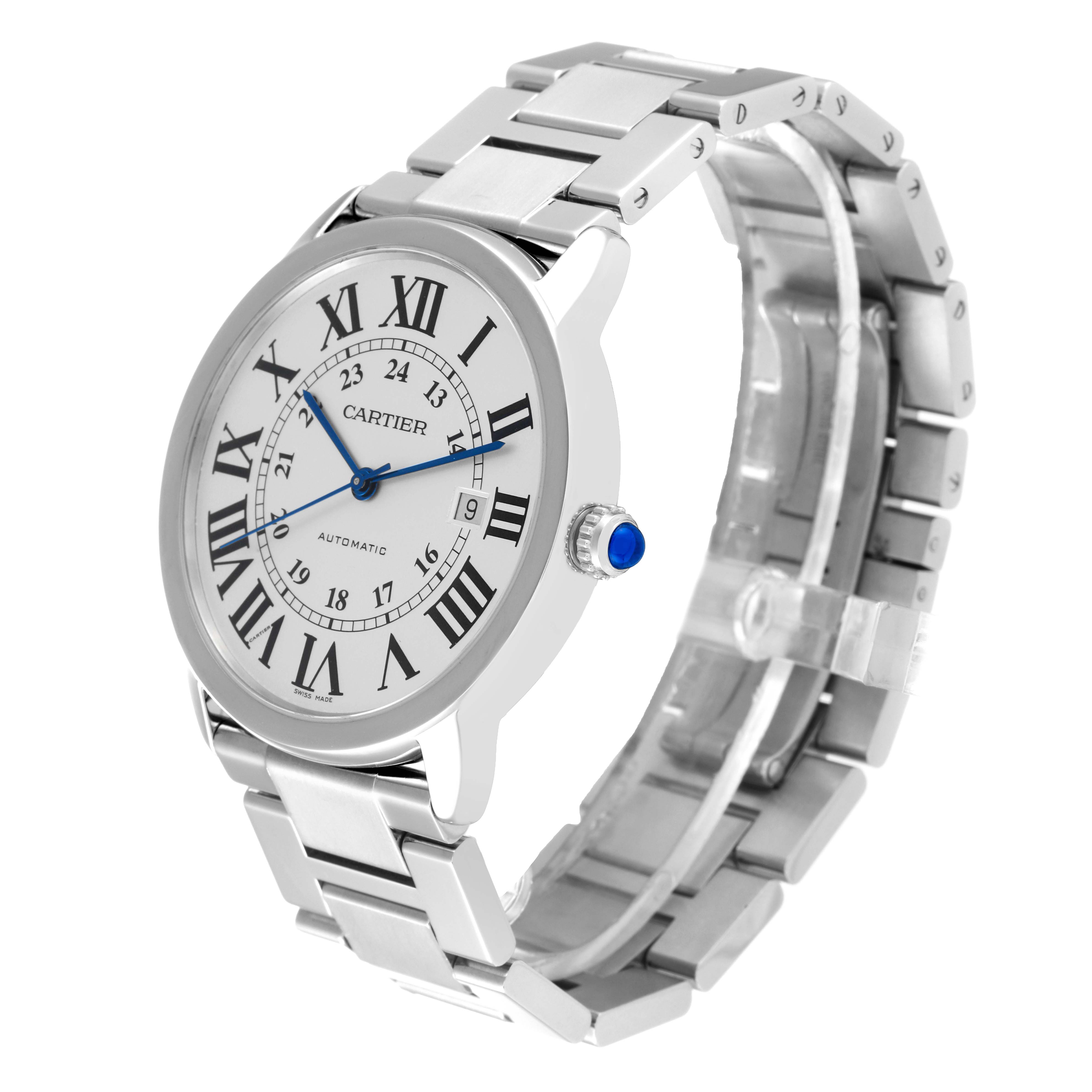 The image shows a front angled view of the Cartier Ronde W6701011 Men
s Stainless Steel Silver Dial W6701011 Men
s Stainless Steel Silver Dial watch, highlighting the face, strap, and crown.