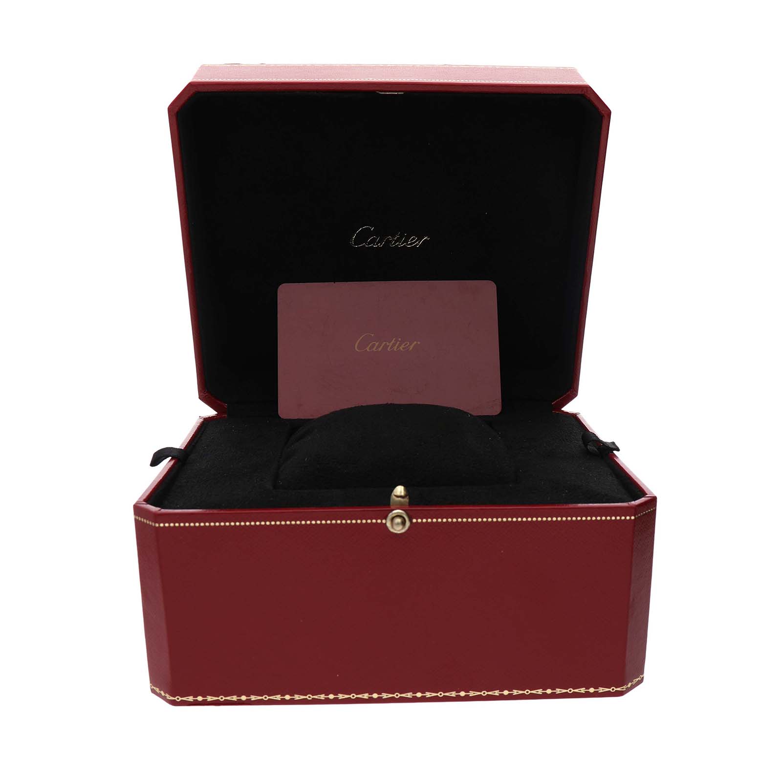 The image shows a Cartier Tank Française watch box, open, displaying an inner cushion and a Cartier card.