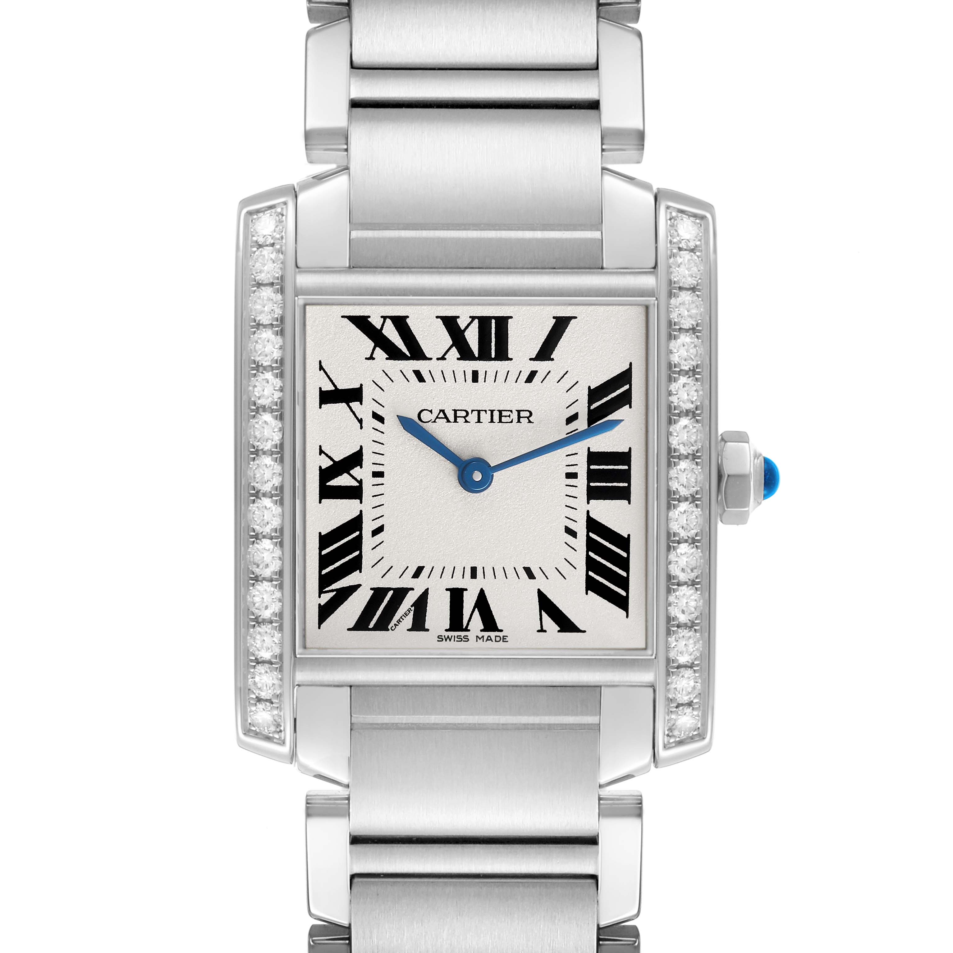 The Cartier Tank Francaise W4TA0009 Women's Stainless Steel Silver Dial watch is shown from a front angle, highlighting the face, Roman numerals, bezel, and part of the bracelet.
