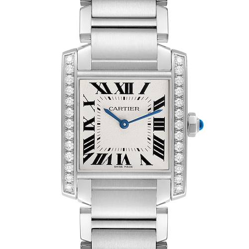 The Cartier Tank Française watch is shown from the front, highlighting its rectangular face and links.
