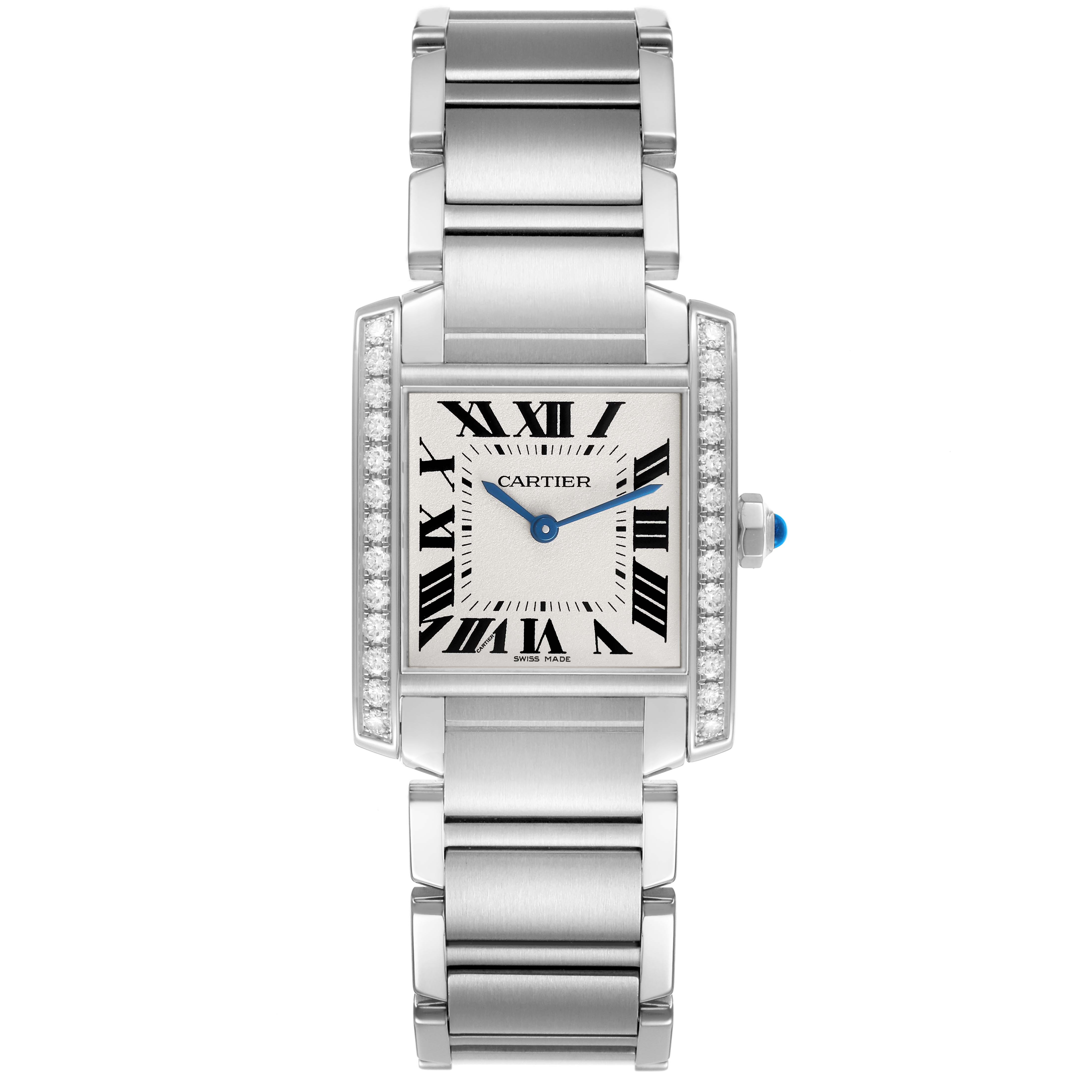 The Cartier Tank Francaise W4TA0009 Women's Stainless Steel Silver Dial watch is shown from a front angle, highlighting its rectangular face, bracelet, and side crown.