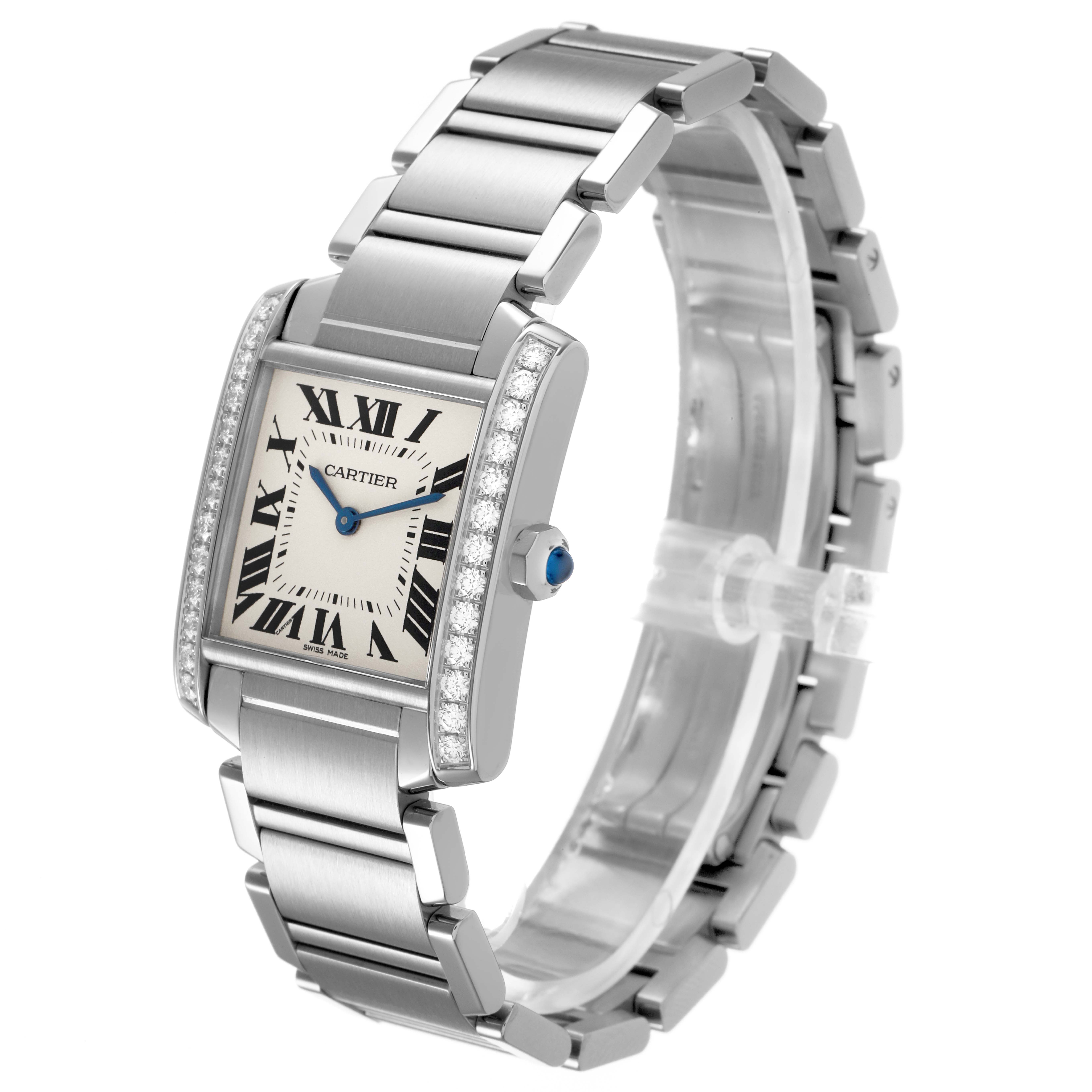 The Cartier Tank Française watch is shown at a side angle, displaying the face, diamond bezel, and stainless steel bracelet.