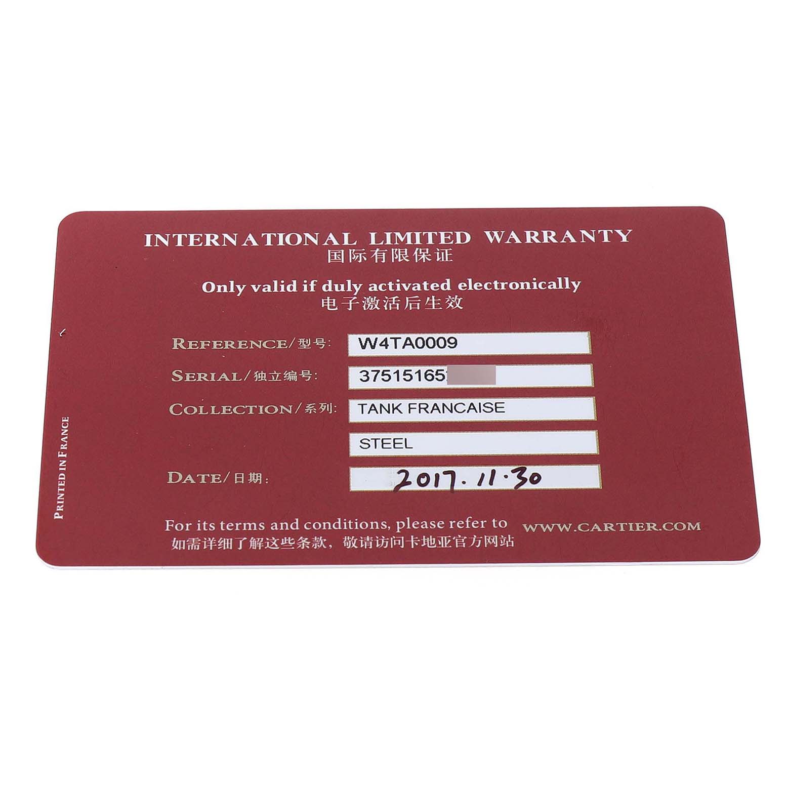 The image shows an International Limited Warranty card for the Cartier Tank Francaise W4TA0009 Women's Stainless Steel Silver Dial model.