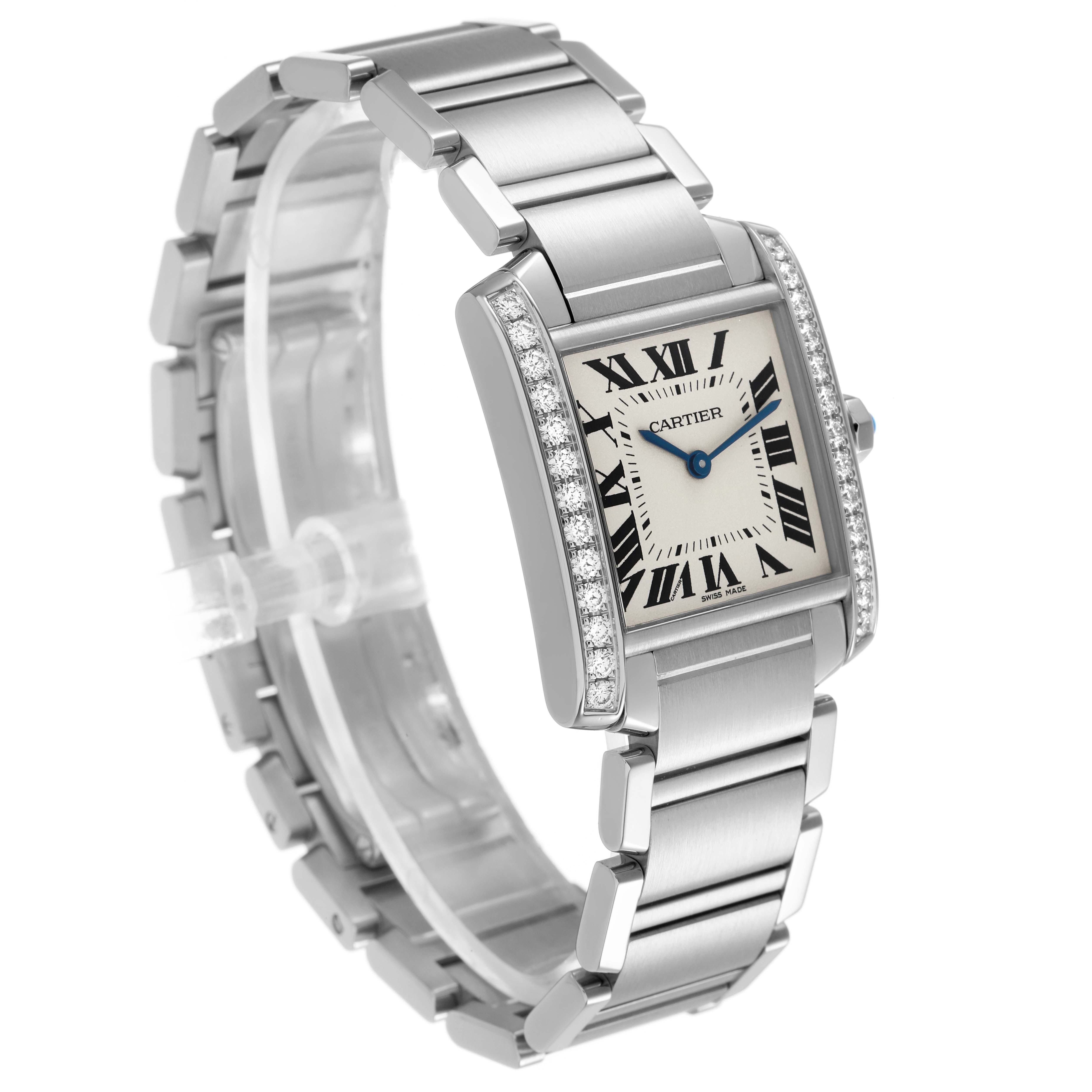 The Cartier Tank Française watch is shown at an angled side view, highlighting its rectangular case, diamond-set bezel, and metal bracelet.