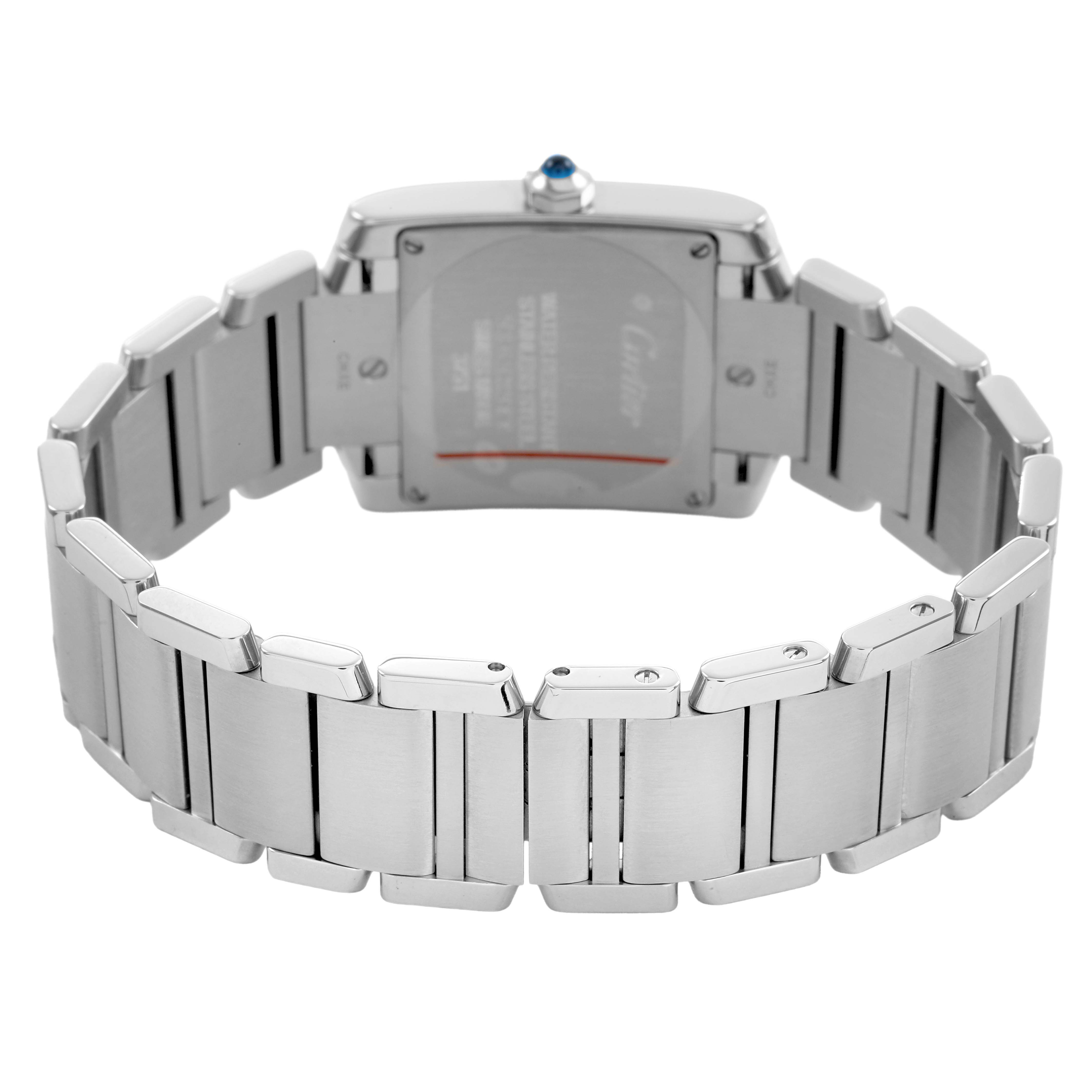 The image shows the back and bracelet of a Cartier Tank Française watch, highlighting its metal links and clasp.