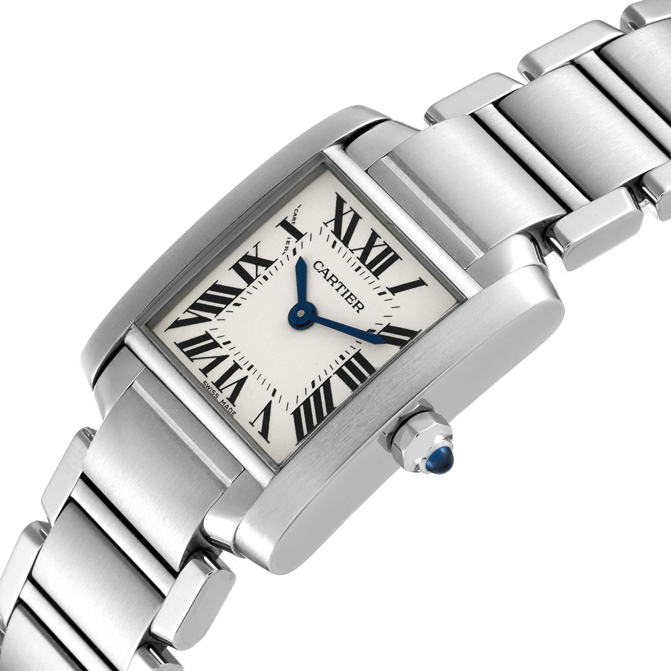 The image shows a side angle of the Cartier Tank Francaise W51008Q3 Women
s Stainless Steel Silver Dial W51008Q3 Women
s Stainless Steel Silver Dial watch, highlighting the face, bracelet, and crown with a blue sapphire.