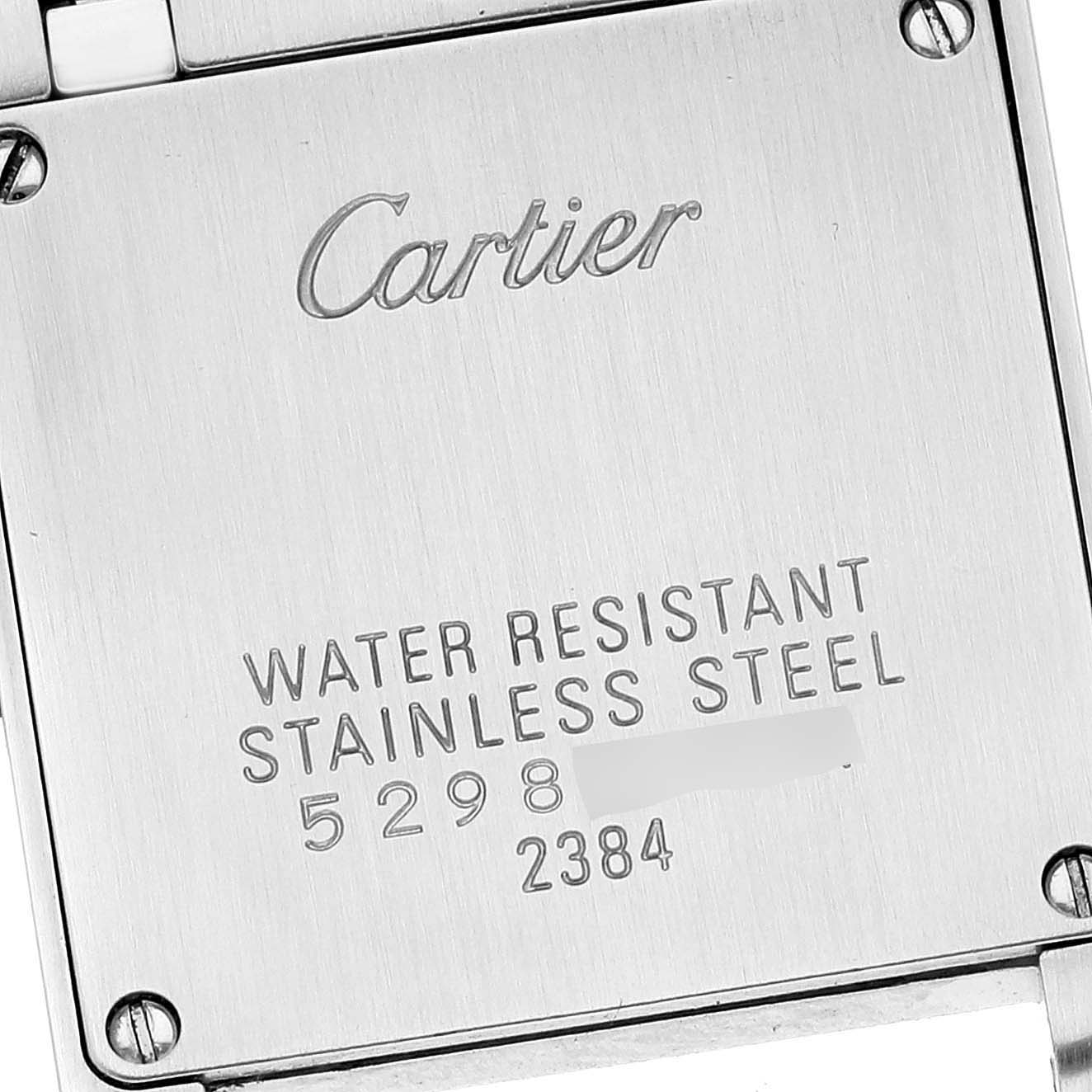 This image shows the back case of a Cartier Tank Française watch, highlighting its water resistance and stainless steel material.