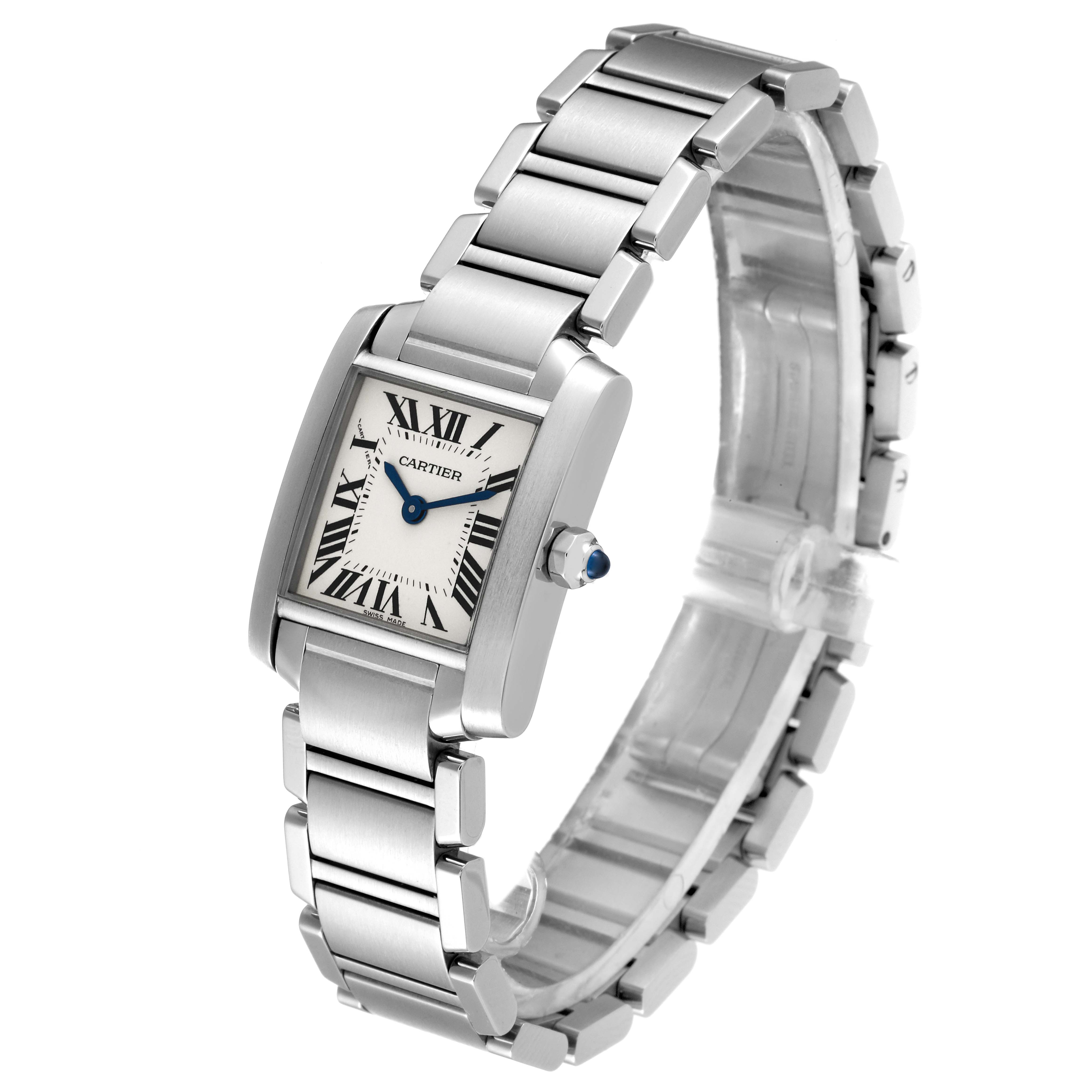 The image shows a Cartier Tank Francaise W51008Q3 Women
s Stainless Steel Silver Dial W51008Q3 Women
s Stainless Steel Silver Dial watch at a three-quarter angle, highlighting its rectangular face, blue hands, and metal bracelet.