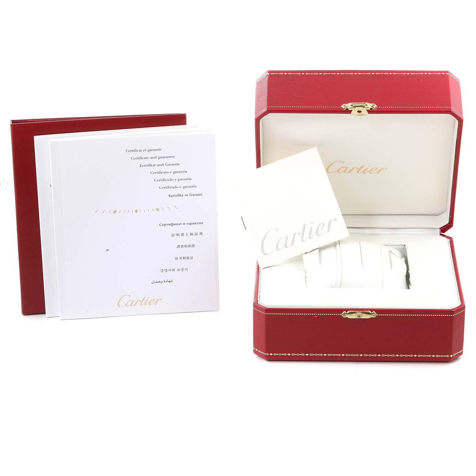The image shows an open red Cartier box with a Tank Francaise watch inside, alongside accompanying booklets and warranty cards.