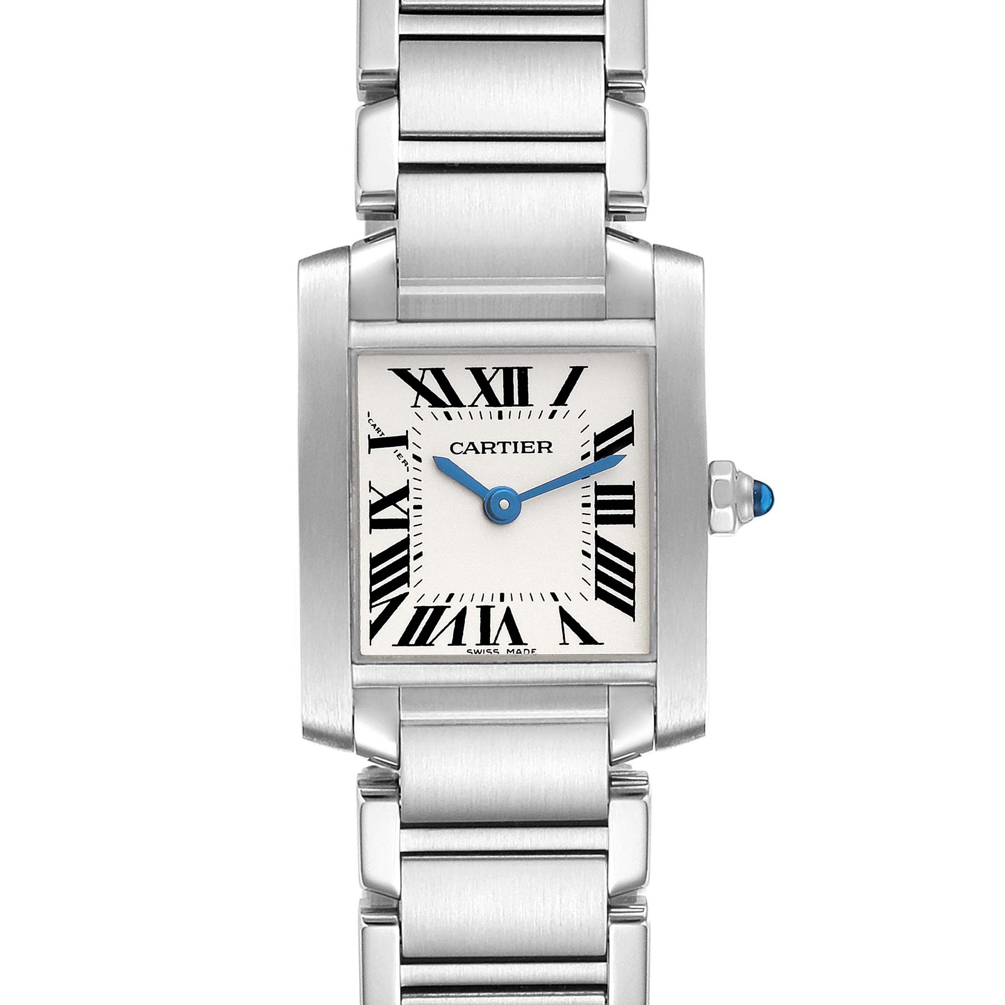 The image shows a front view of a Cartier Tank Francaise W51008Q3 Women
s Stainless Steel Silver Dial W51008Q3 Women
s Stainless Steel Silver Dial watch, highlighting its face, Roman numerals, and stainless steel band.